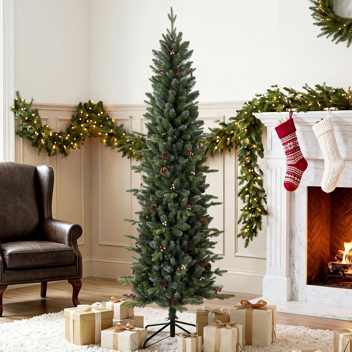 6ft/180cm Artificial Christmas Tree, Slim Gracious Pine Xmas Tree with 688 Branch Tips, Foldable Steel Stand, Easy Assembly for Home Office Holiday Decoration, Green