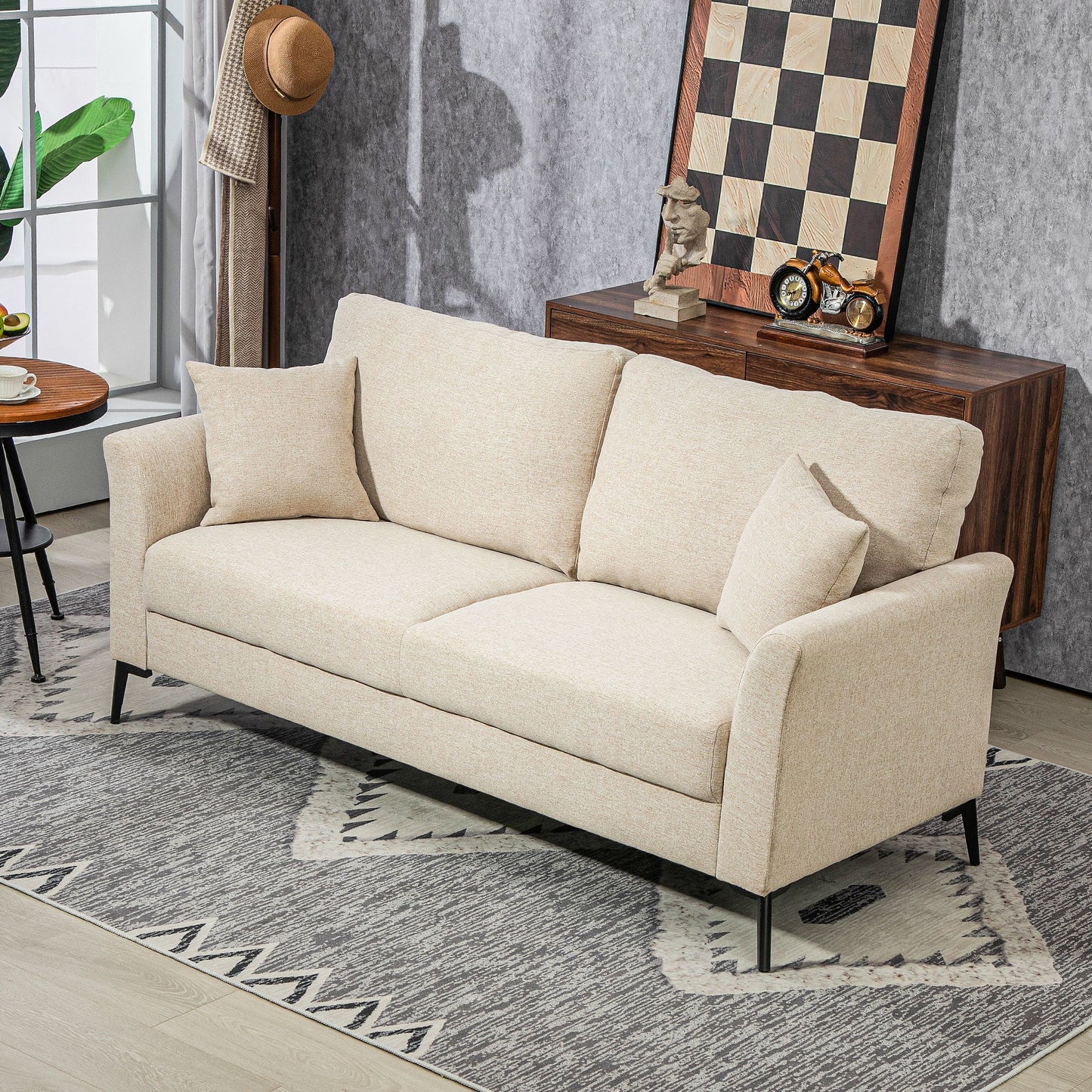 HOMCOM Modern 3 Seater Sofa, Upholstered Linen Fabric Sofa with Metal Legs, Wood Frame and Padded Cushion for Living Room Bedroom Office, Beige