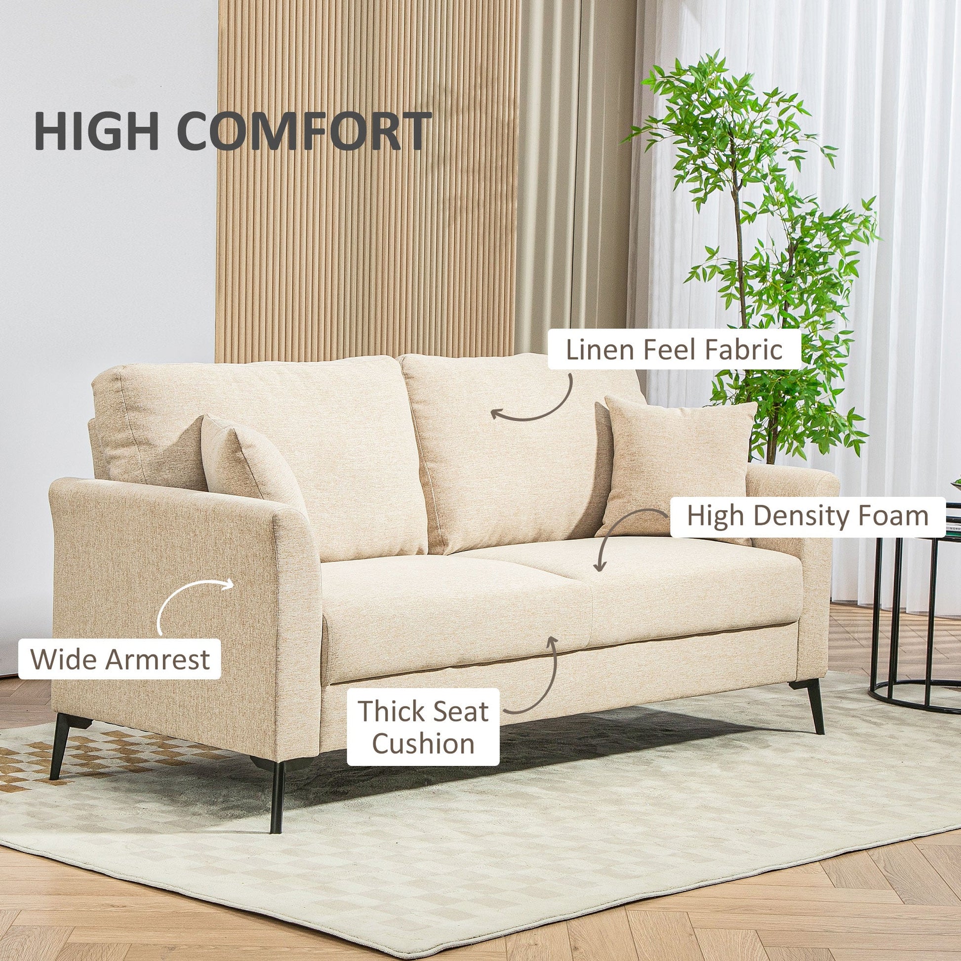 HOMCOM Modern 3 Seater Sofa, Upholstered Linen Fabric Sofa with Metal Legs, Wood Frame and Padded Cushion for Living Room Bedroom Office, Beige