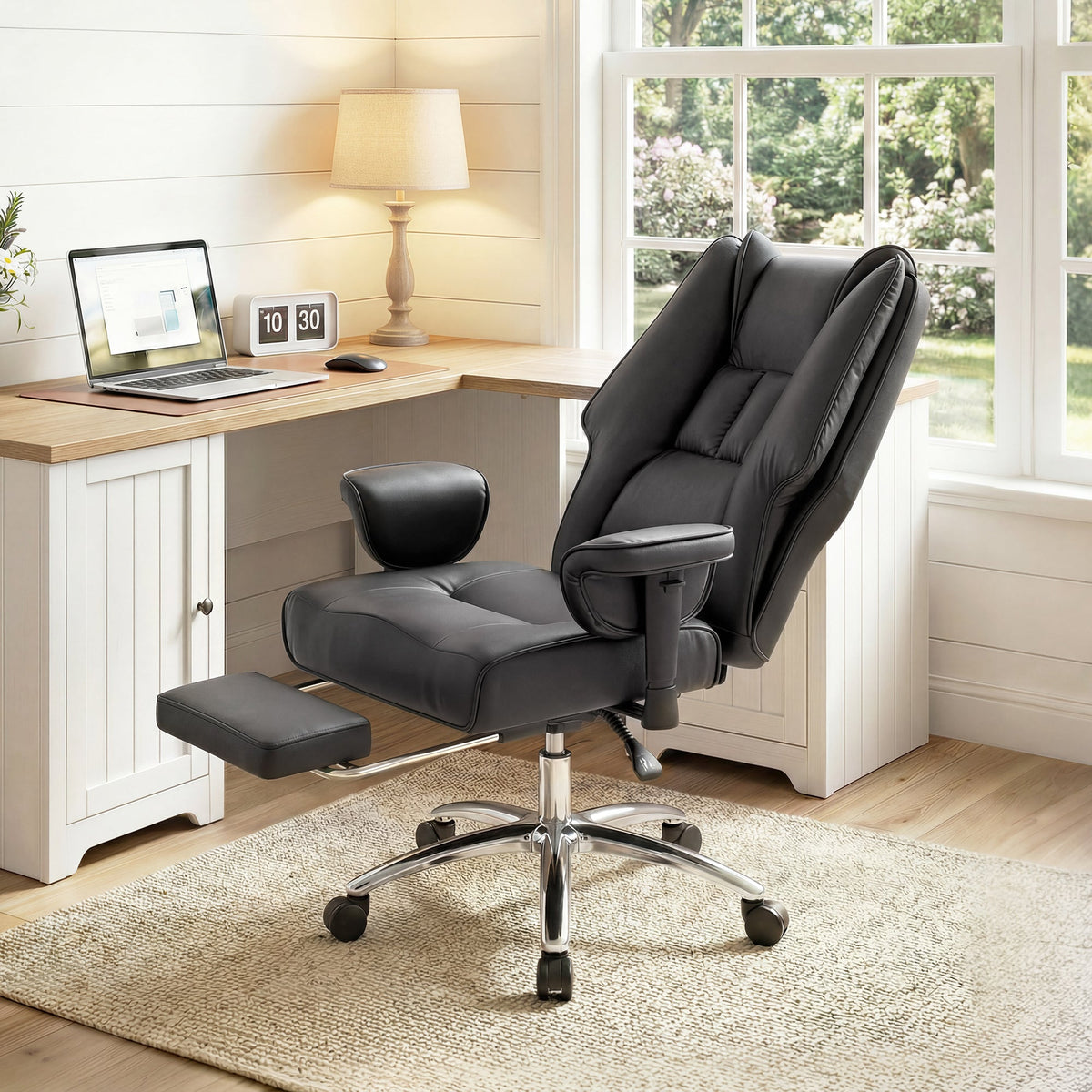 Executive Office Chair, Ergonomic Reclining Computer Desk Chair with Footrest, Adjustable Armrests, Spring Seat, High Back, Thick Cushion, Pet Friendly Faux Leather, Swivel, Black