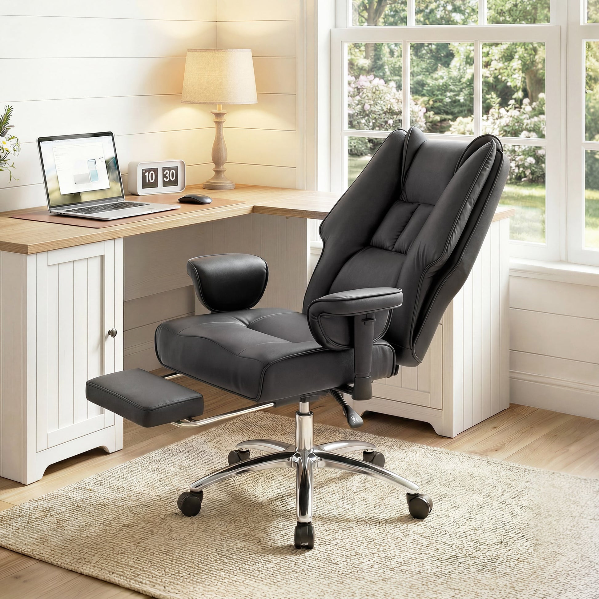 Executive Office Chair, Ergonomic Reclining Computer Desk Chair with Footrest, Adjustable Armrests, Spring Seat, High Back, Thick Cushion, Pet Friendly Faux Leather, Swivel, Black