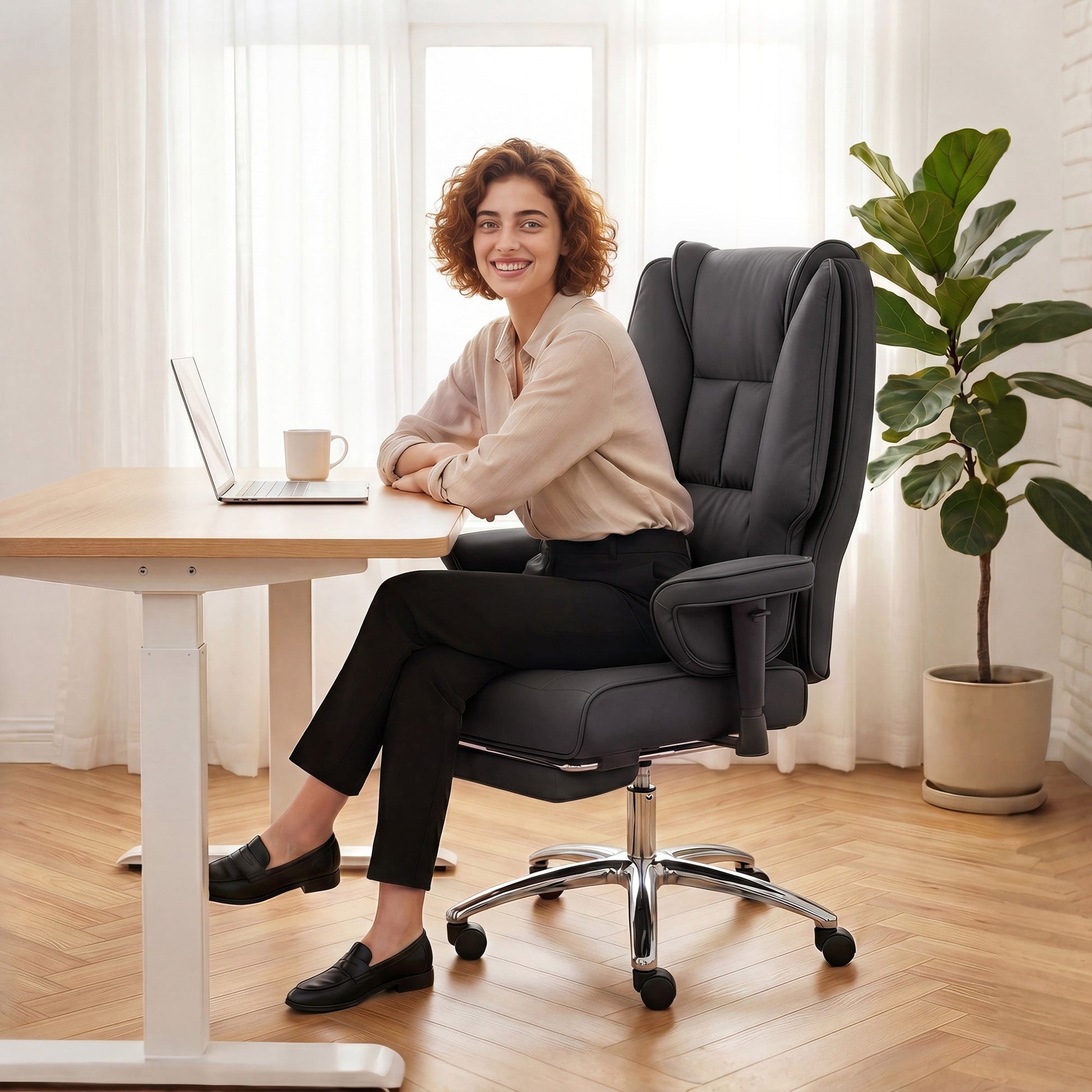 Executive Office Chair, Ergonomic Reclining Computer Desk Chair with Footrest, Adjustable Armrests, Spring Seat, High Back, Thick Cushion, Pet Friendly Faux Leather, Swivel, Black