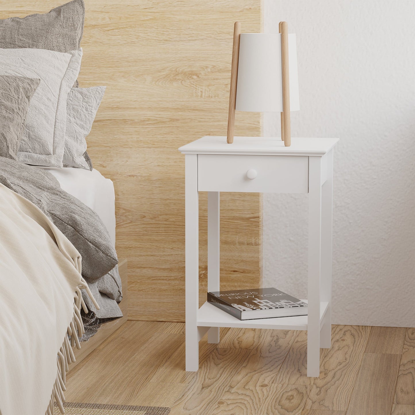 HOMCOM White Bedside Table, Wooden Side Table, Nightstand, Bedside Cabinet with Drawer and Storage Shelf for Bedroom and Living Room