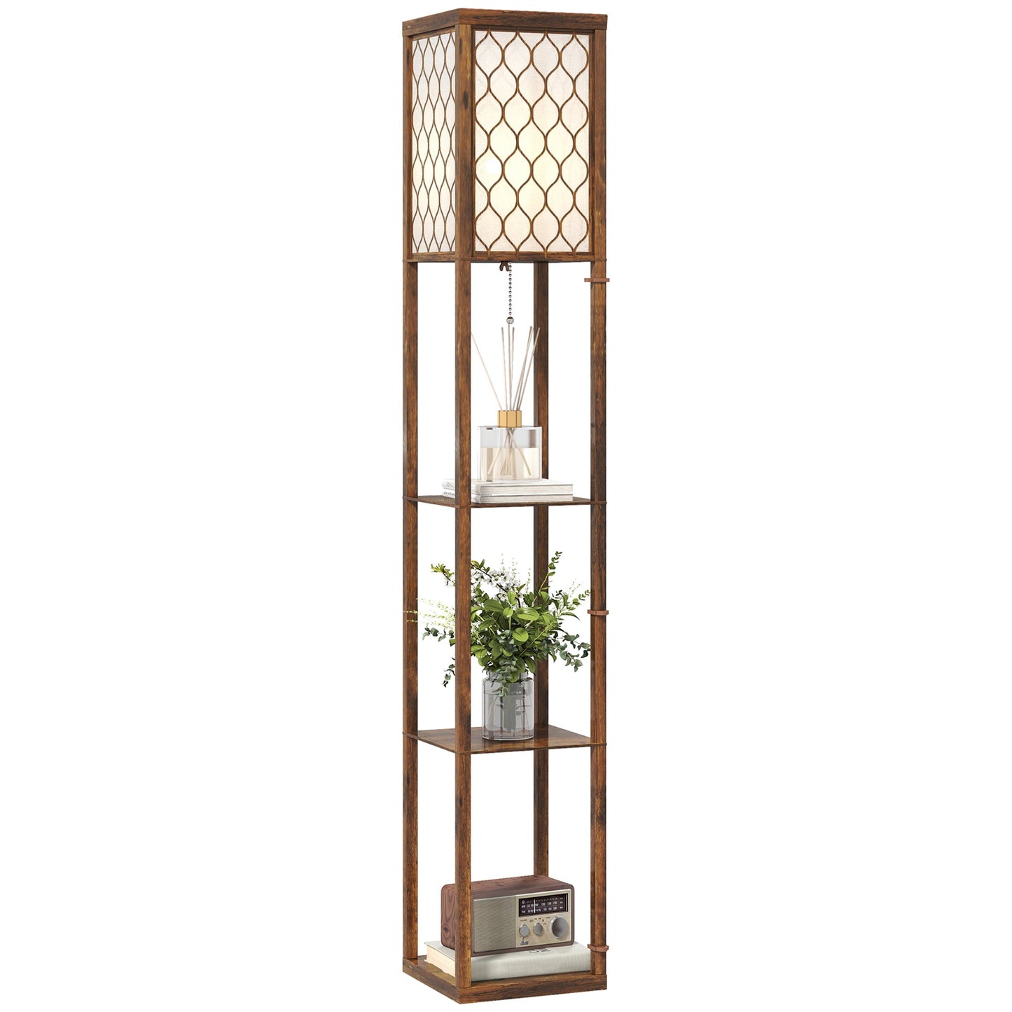Floor Lamp with Shelves, Single Light, Modern Tall Standing Lamps for Living Room, Bedroom, with Chain Switch, Bulb not Included, Rustic Brown