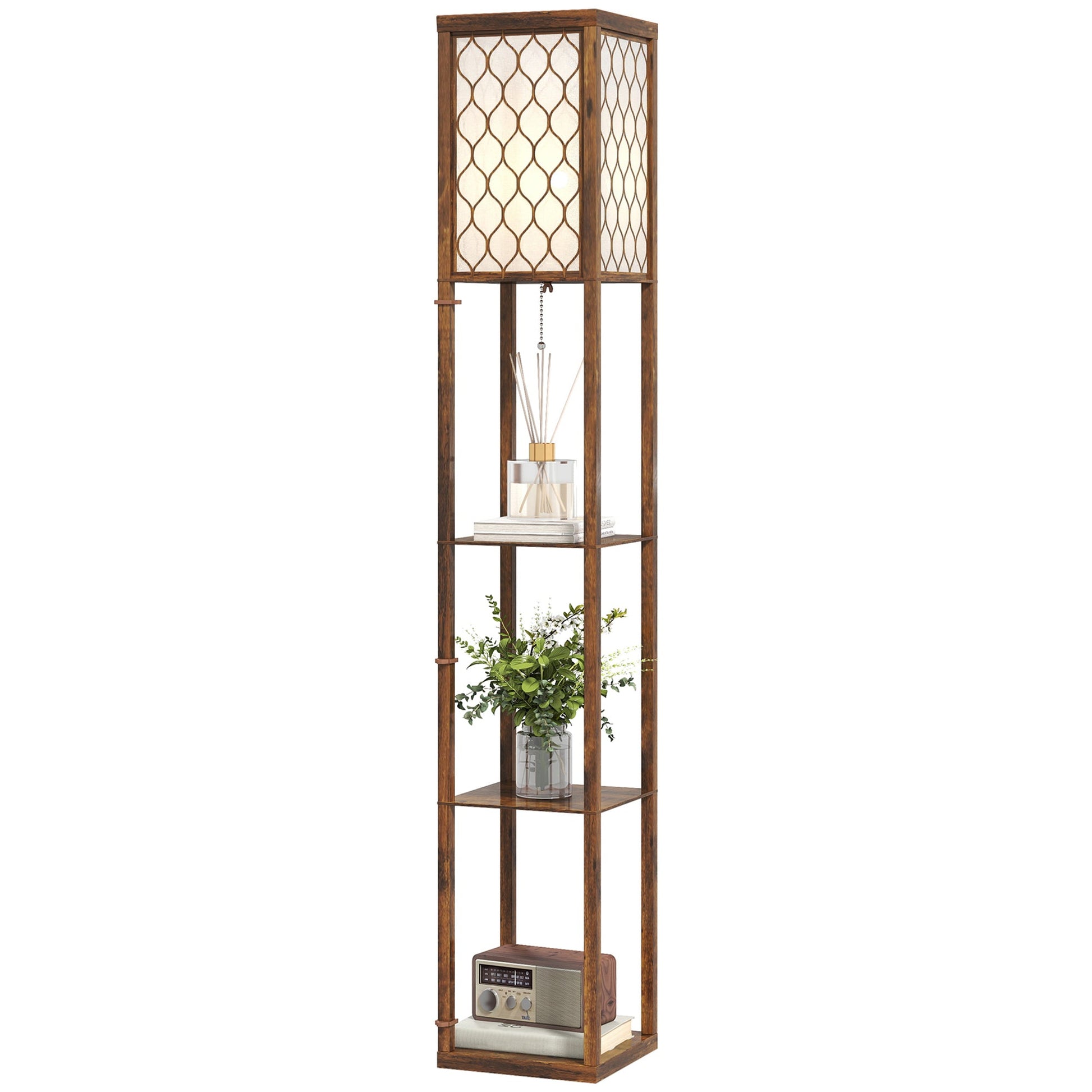 Floor Lamp with Shelves, Single Light, Modern Tall Standing Lamps for Living Room, Bedroom, with Chain Switch, Bulb not Included, Rustic Brown