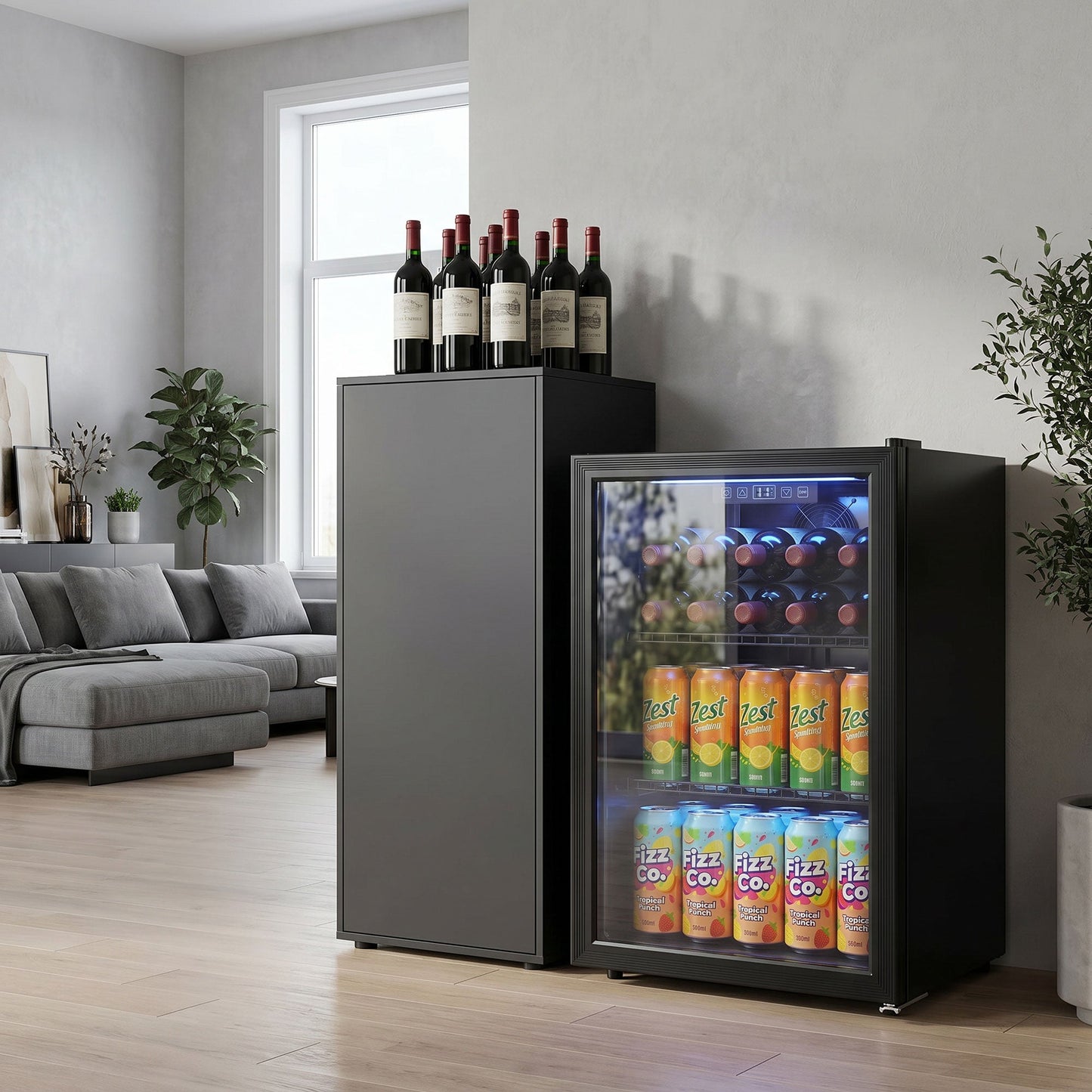 70L Drinks Fridge, 70 Can Under Counter Freestanding Beer Fridge with Double-Layer Glass Door, Wine Cooler with LED Light, Adjustable Shelves, Beverage Cooler for Soda Beer, Home Office
