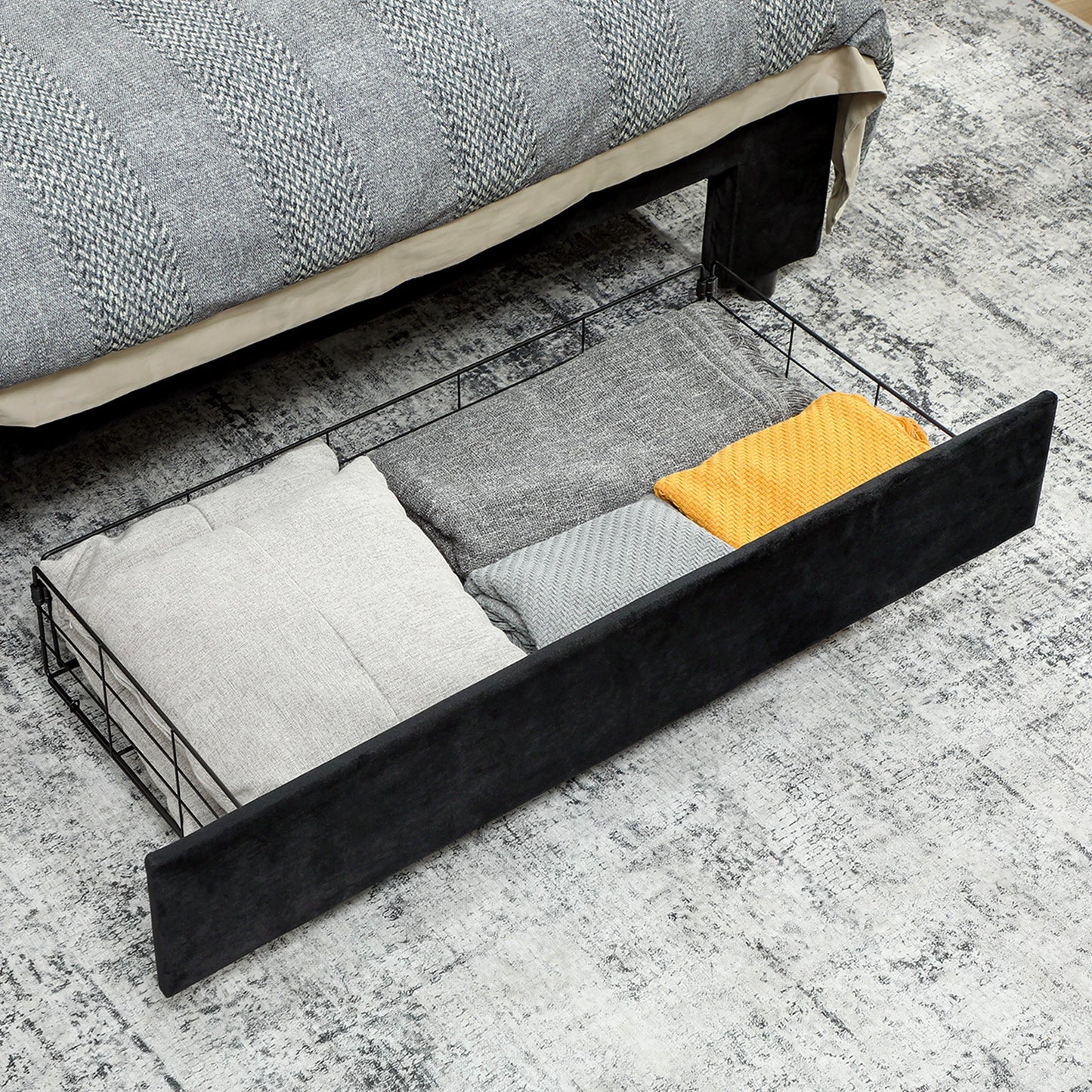 King Size Ottoman Bed Frame, 5ft Gas Lift Storage Bed with 2-Level Adjustable Velvet Upholstered Headboard, Wheeled Drawer and Wooden Slats, No Mattress, Black