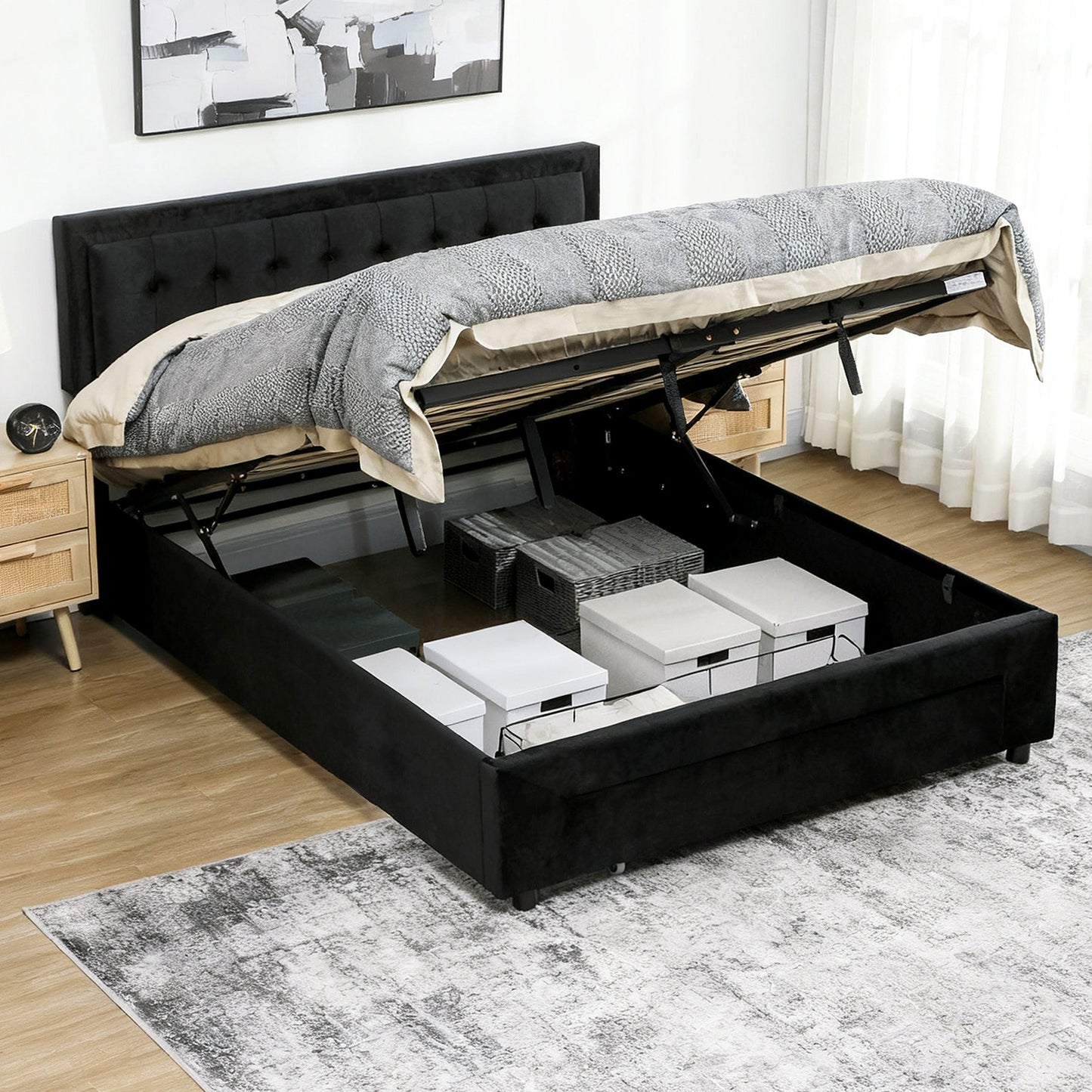 King Size Ottoman Bed Frame, 5ft Gas Lift Storage Bed with 2-Level Adjustable Velvet Upholstered Headboard, Wheeled Drawer and Wooden Slats, No Mattress, Black