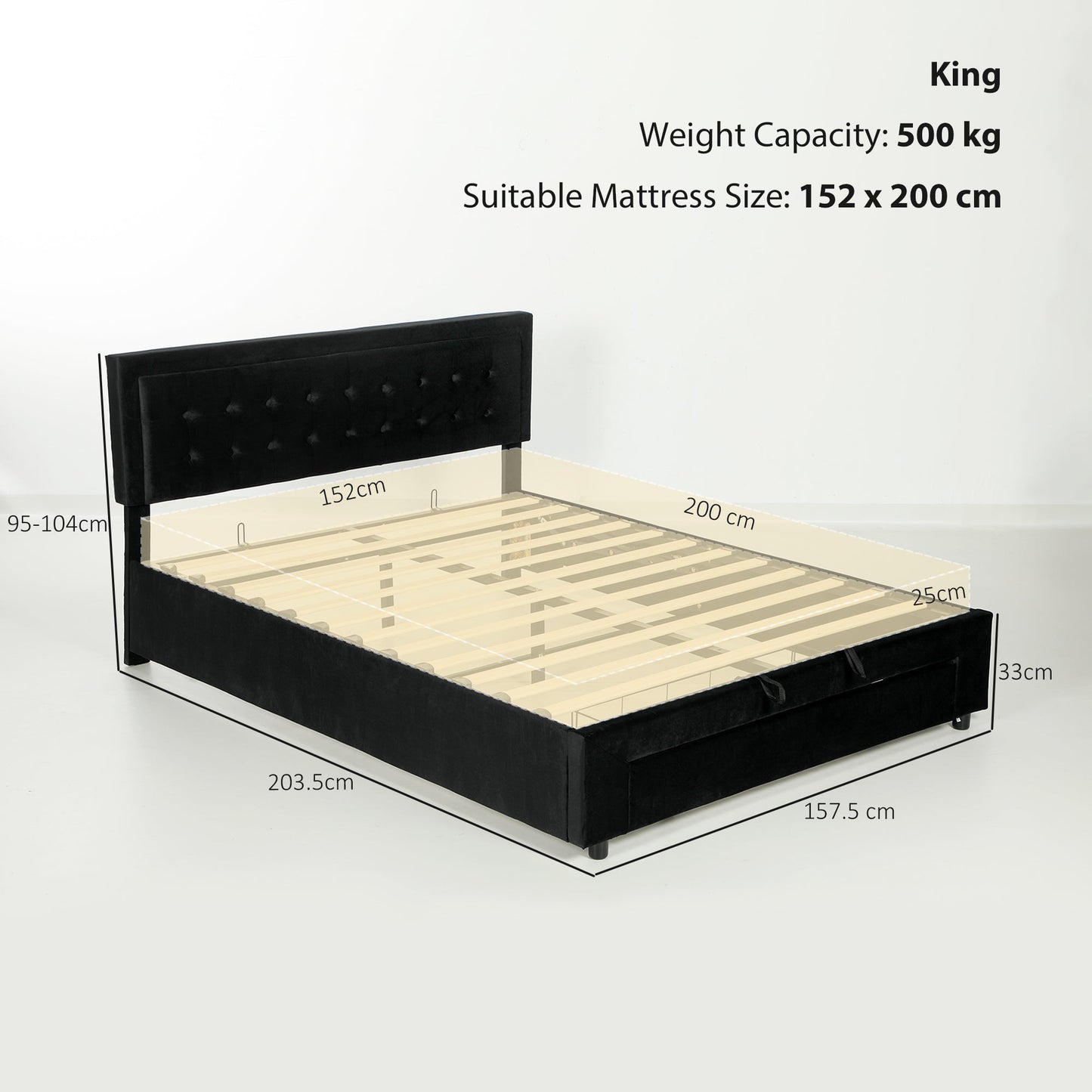 King Size Ottoman Bed Frame, 5ft Gas Lift Storage Bed with 2-Level Adjustable Velvet Upholstered Headboard, Wheeled Drawer and Wooden Slats, No Mattress, Black