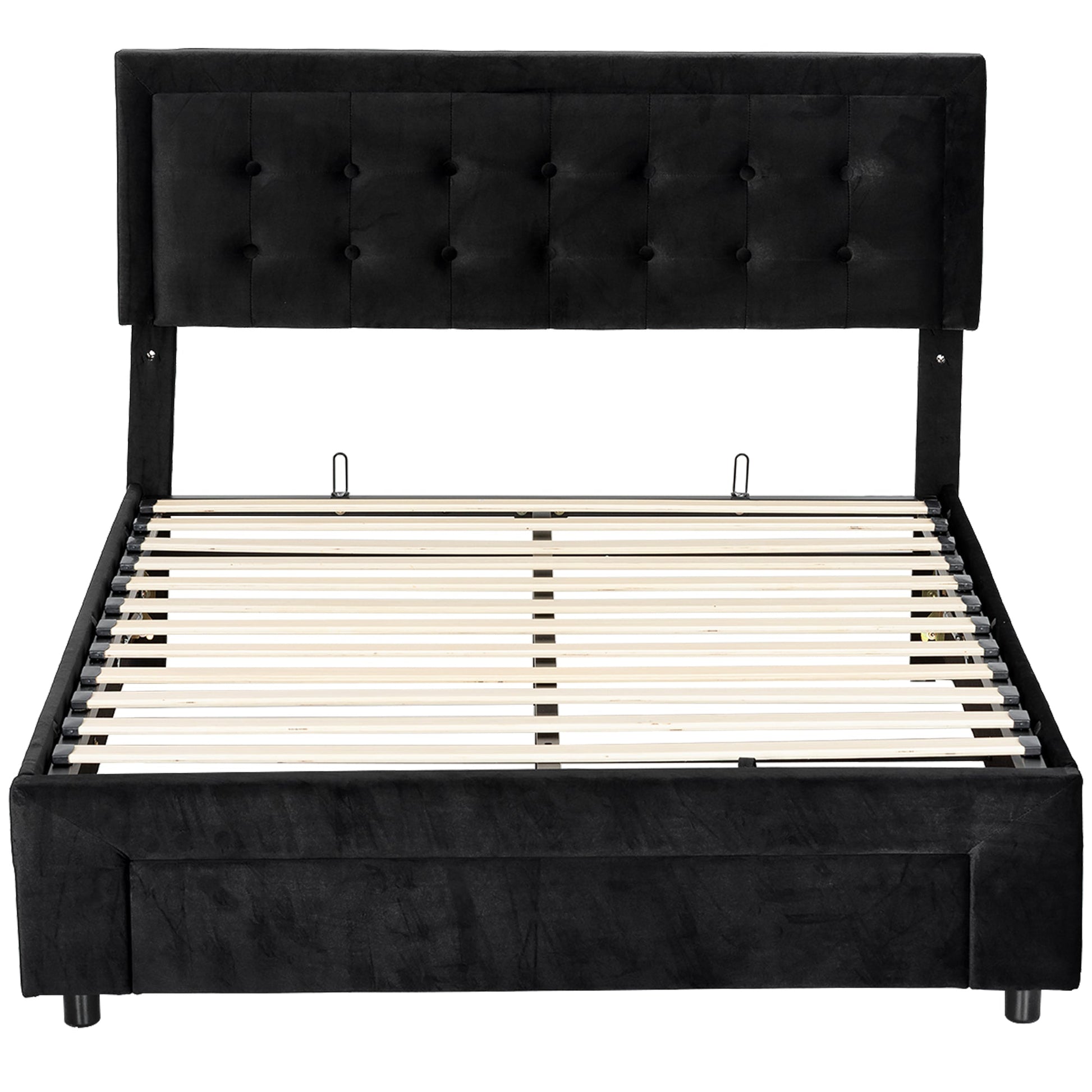 King Size Ottoman Bed Frame, 5ft Gas Lift Storage Bed with 2-Level Adjustable Velvet Upholstered Headboard, Wheeled Drawer and Wooden Slats, No Mattress, Black