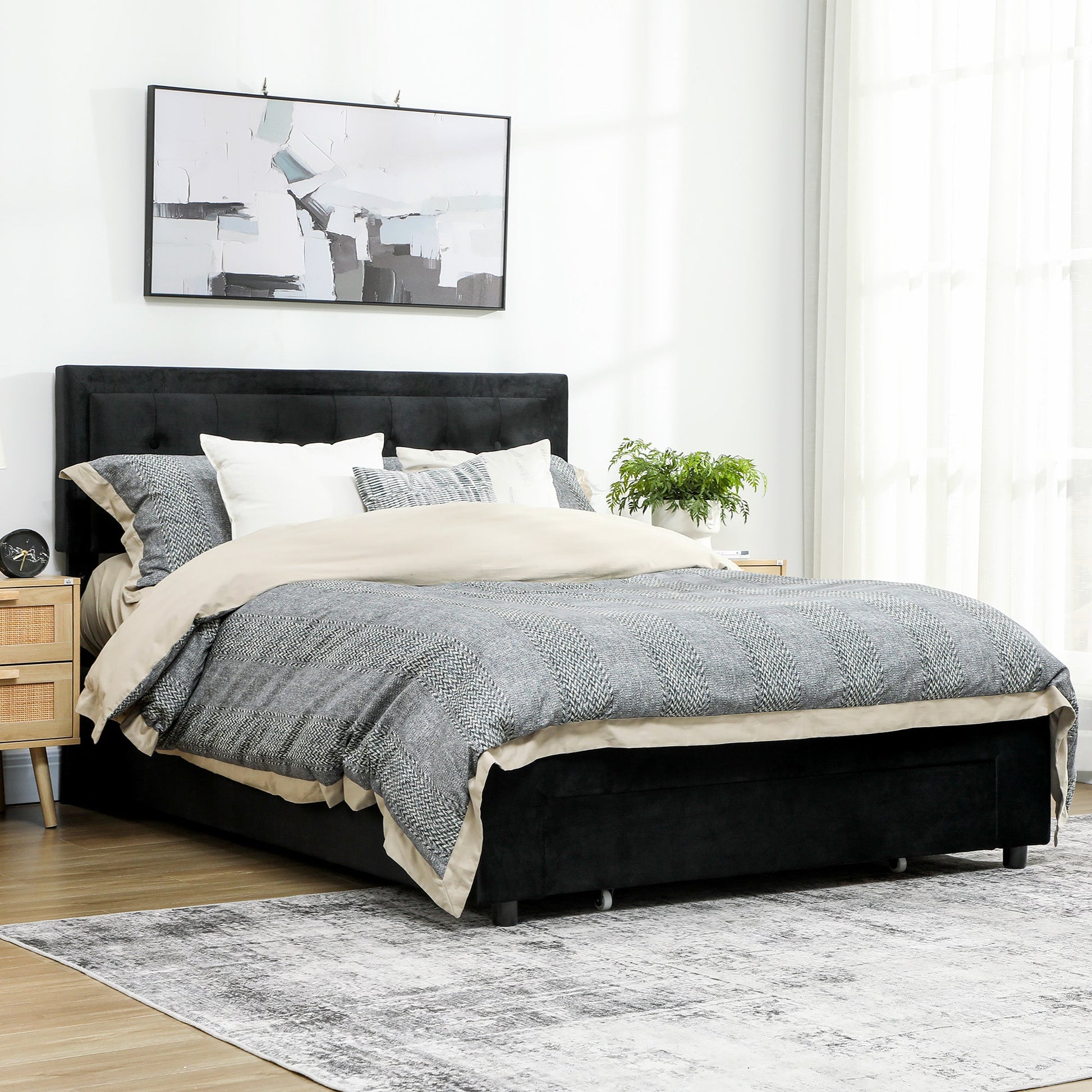 King Size Ottoman Bed Frame, 5ft Gas Lift Storage Bed with 2-Level Adjustable Velvet Upholstered Headboard, Wheeled Drawer and Wooden Slats, No Mattress, Black