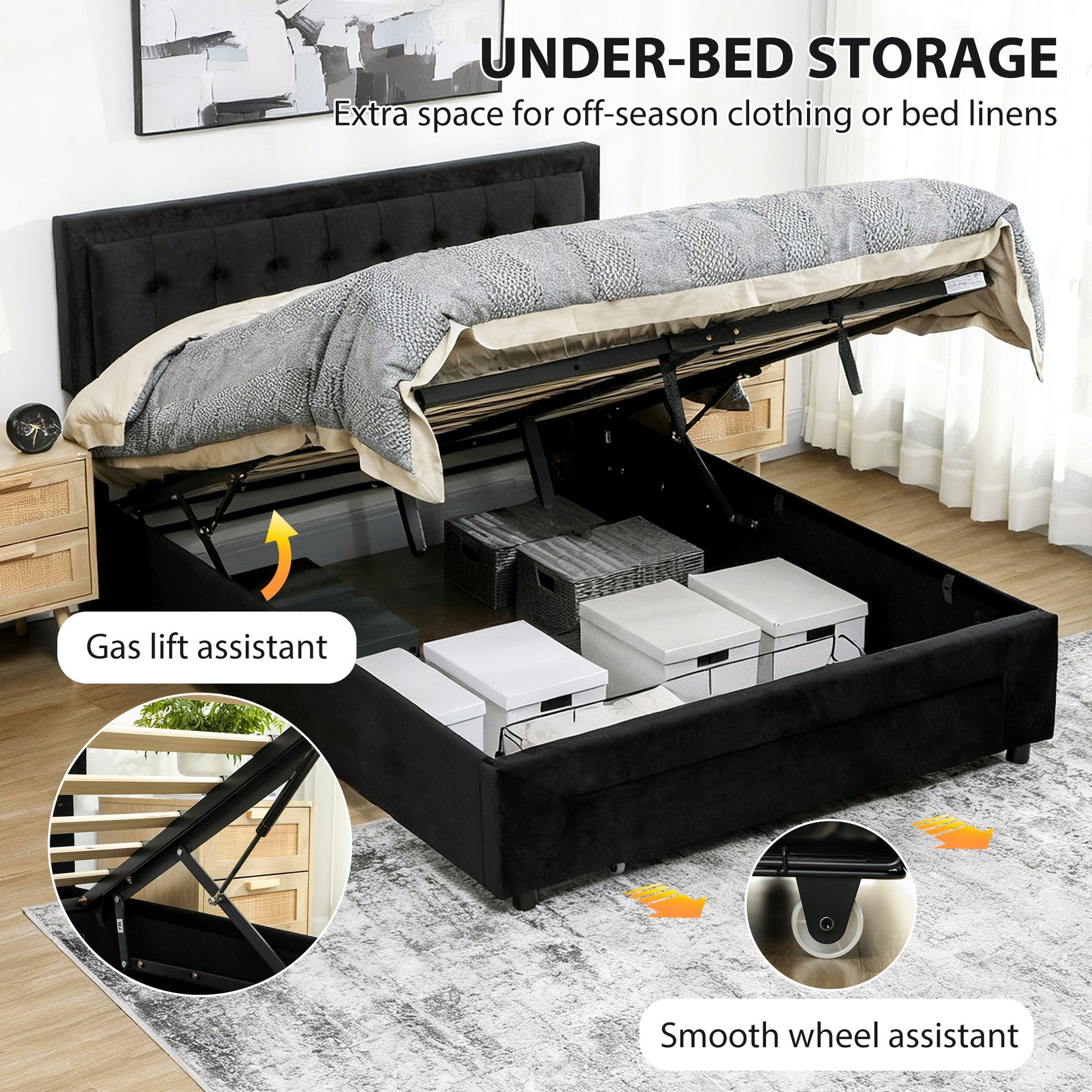 King Size Ottoman Bed Frame, 5ft Gas Lift Storage Bed with 2-Level Adjustable Velvet Upholstered Headboard, Wheeled Drawer and Wooden Slats, No Mattress, Black