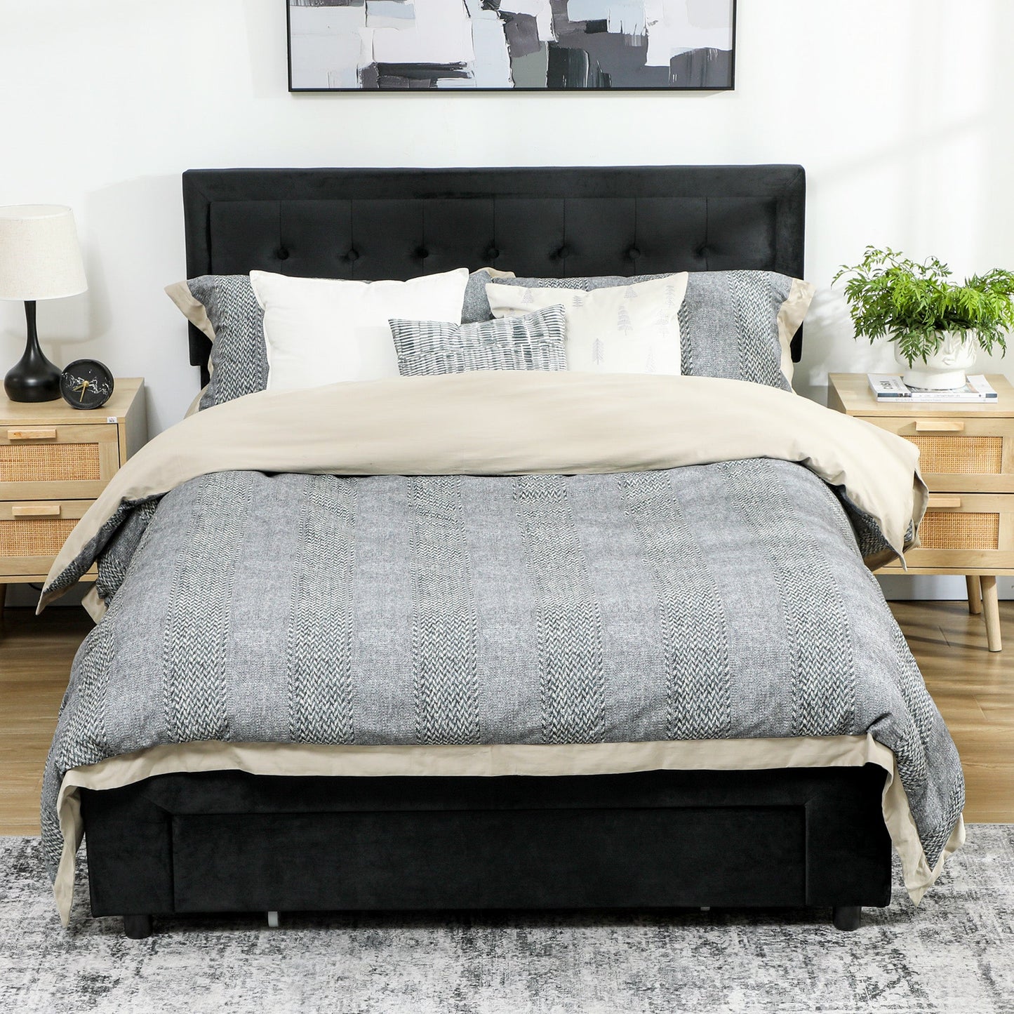 King Size Ottoman Bed Frame, 5ft Gas Lift Storage Bed with 2-Level Adjustable Velvet Upholstered Headboard, Wheeled Drawer and Wooden Slats, No Mattress, Black