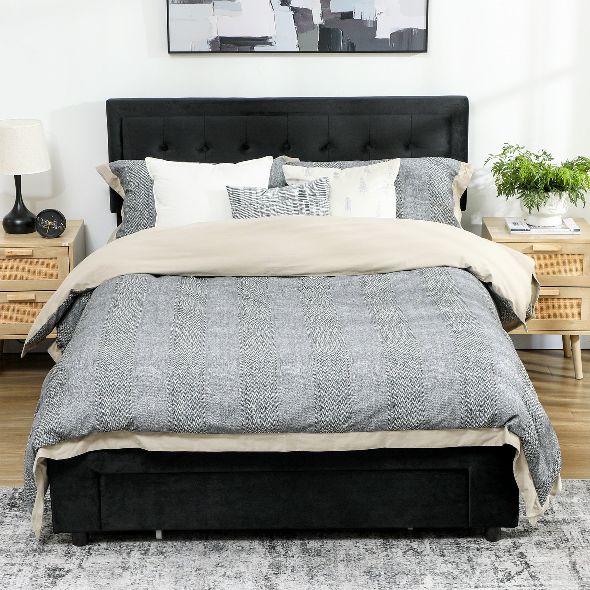 King Size Ottoman Bed Frame, 5ft Gas Lift Storage Bed with 2-Level Adjustable Velvet Upholstered Headboard, Wheeled Drawer and Wooden Slats, No Mattress, Black