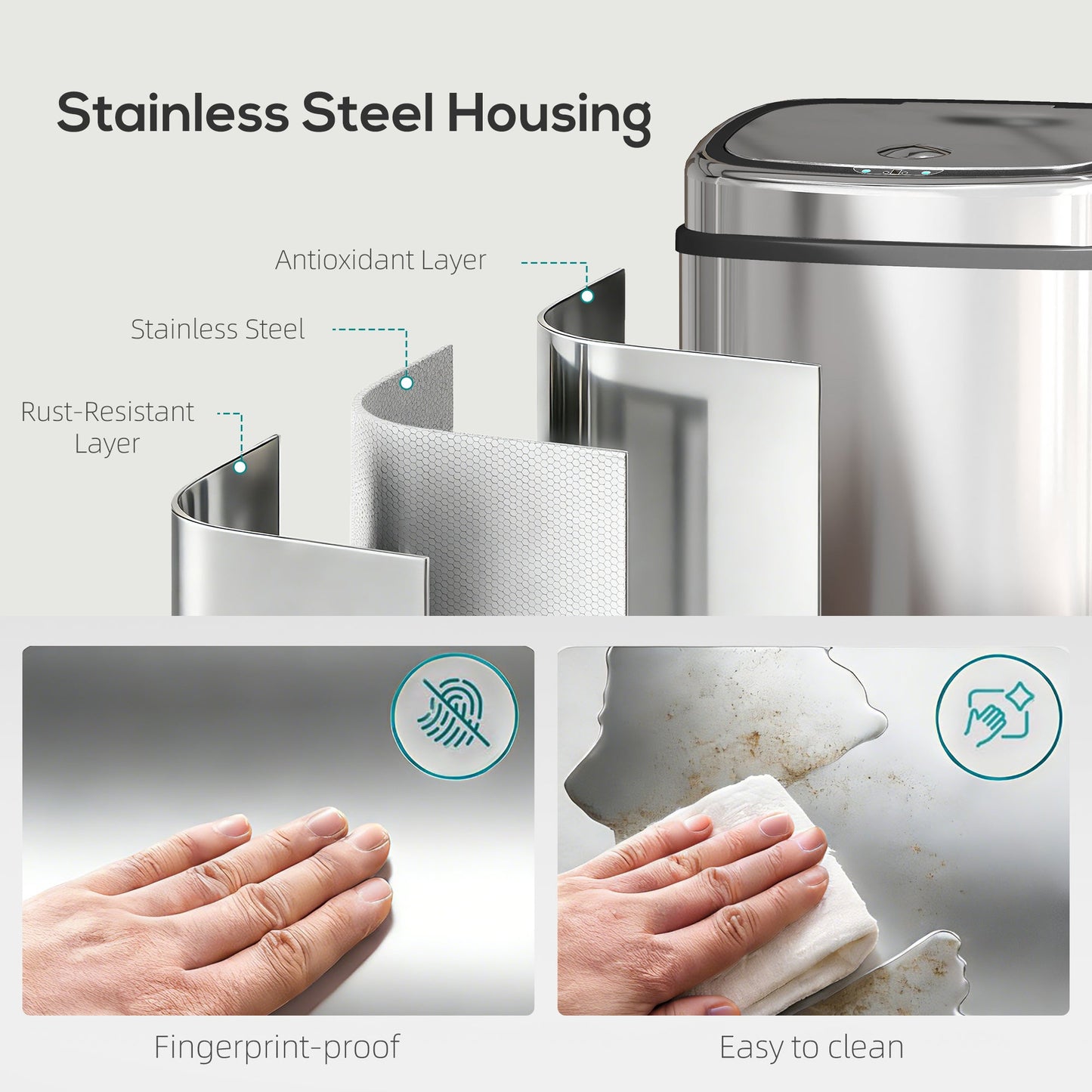 50L Sensor Bin with Soft-Close Lid, Automatic Touchless Motion Sensor Kitchen Bin with Fingerprint Resistant Stainless Steel for Hygienic Gyms, Home Office Use, Silver Tone
