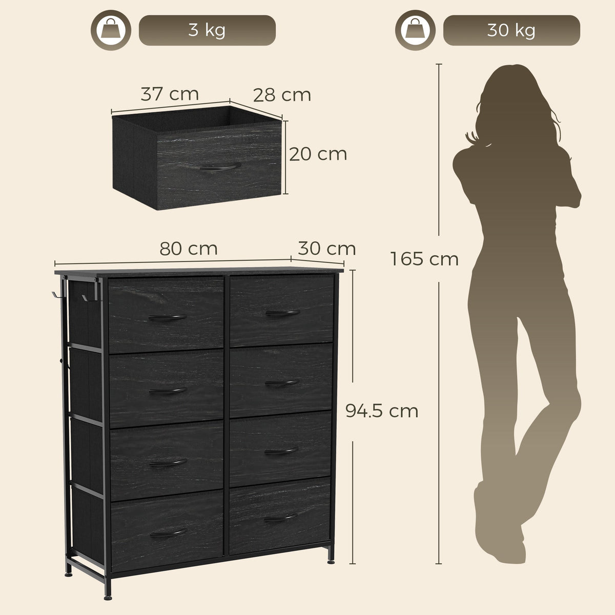 Chest of Drawers, Dresser for Bedroom with 8 Fabric Drawers, Tall Storage Unit with 4 Pockets, 2 Hooks and Steel Frame for Living Room, Hallway, Black