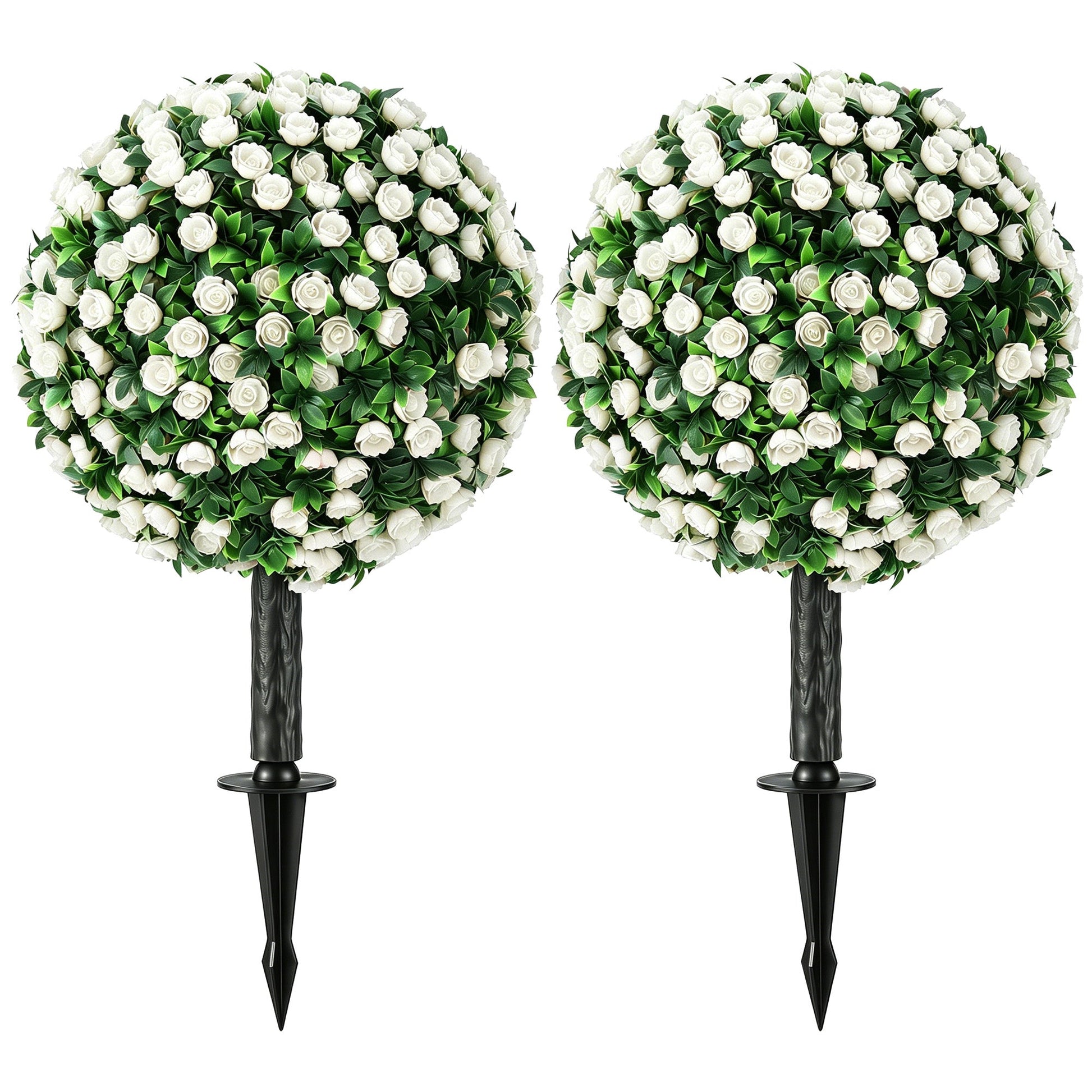 Set of 2 55 cm Artificial Rose Topiary with Ground Stake, UV-Resistant Fake Plants with 306 Roses and Leaves for Indoor Outdoor Home Office Garden Decor, White