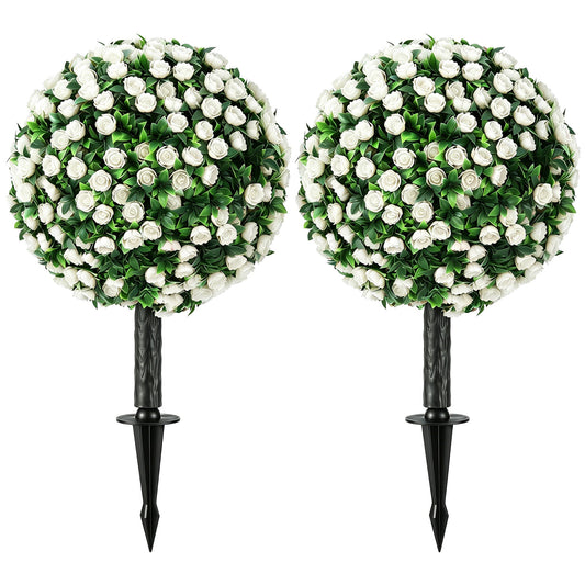 Set of 2 55 cm Artificial Rose Topiary with Ground Stake, UV-Resistant Fake Plants with 306 Roses and Leaves for Indoor Outdoor Home Office Garden Decor, White