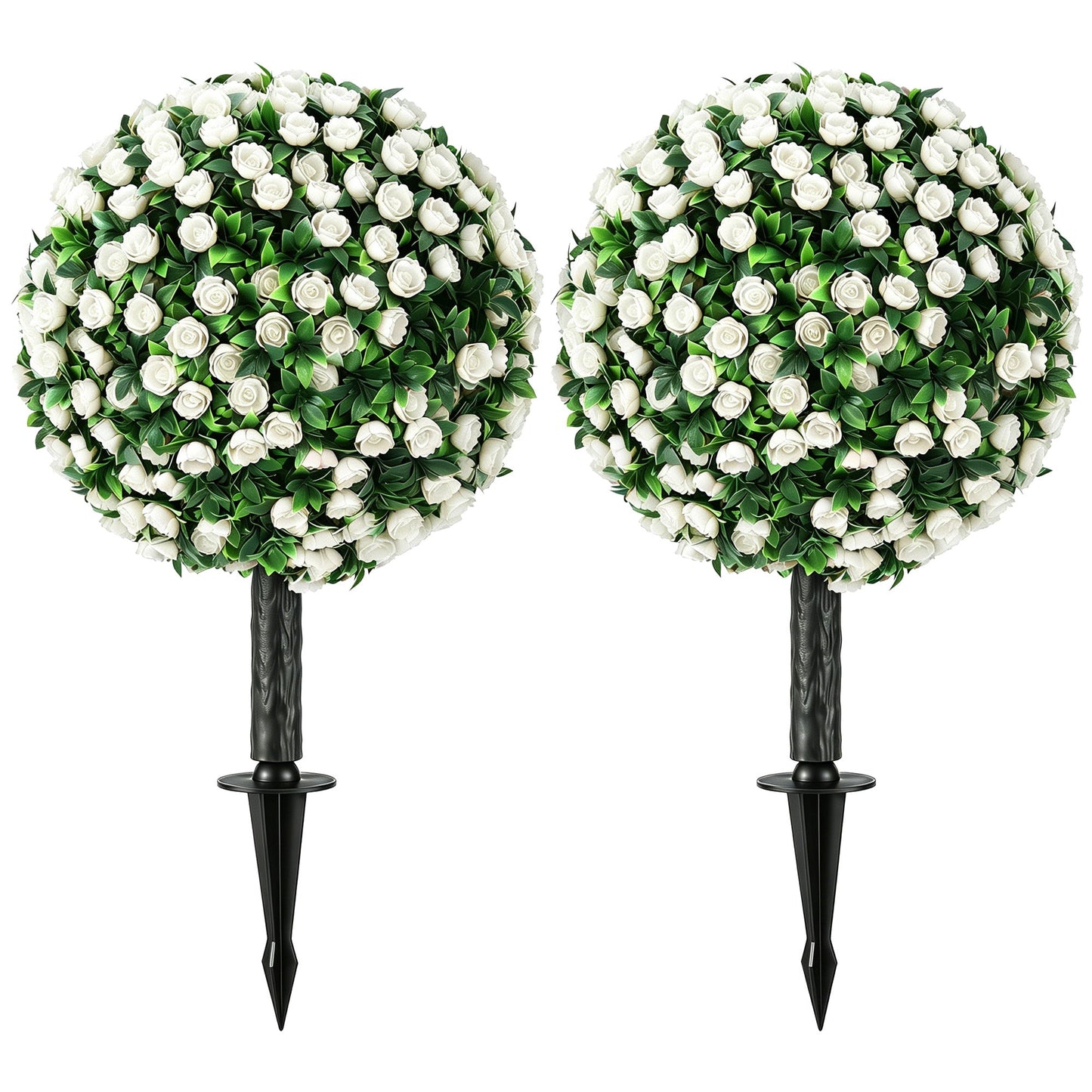 Set of 2 55 cm Artificial Rose Topiary with Ground Stake, UV-Resistant Fake Plants with 306 Roses and Leaves for Indoor Outdoor Home Office Garden Decor, White