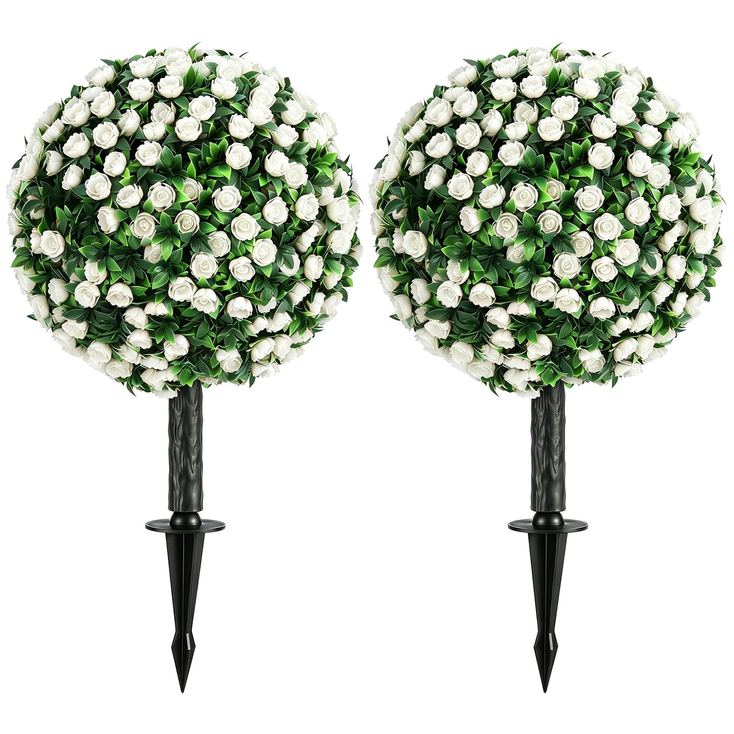 Set of 2 55 cm Artificial Rose Topiary with Ground Stake, UV-Resistant Fake Plants with 306 Roses and Leaves for Indoor Outdoor Home Office Garden Decor, White