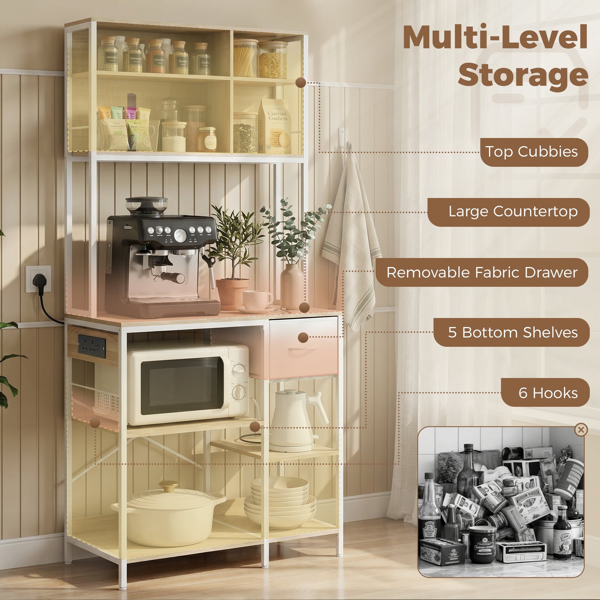 Kitchen Baker's Rack, Microwave Stand with Storage Shelves and 6 Hooks for Small Spaces, Kitchen Storage Unit for Spices, Pots and Pans, 80 x 40 x 181 cm, Oak