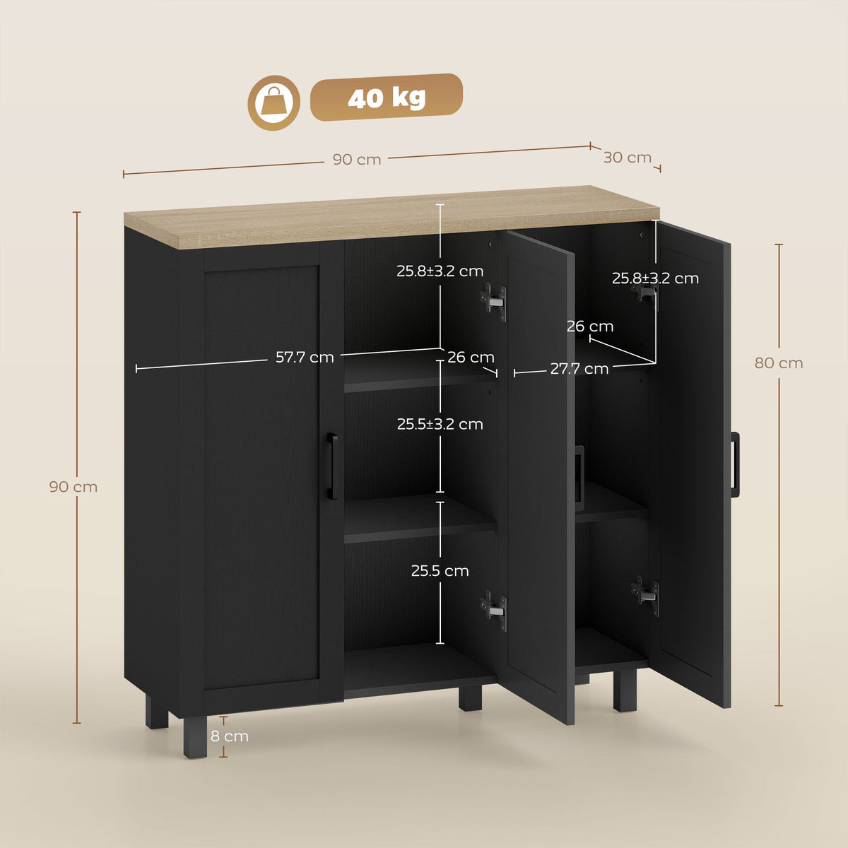 Sideboard Buffet Cabinet, Kitchen Storage Cabinet with 3 Doors and Adjustable Shelves for Living Room, Kitchen, Dining Room, Black