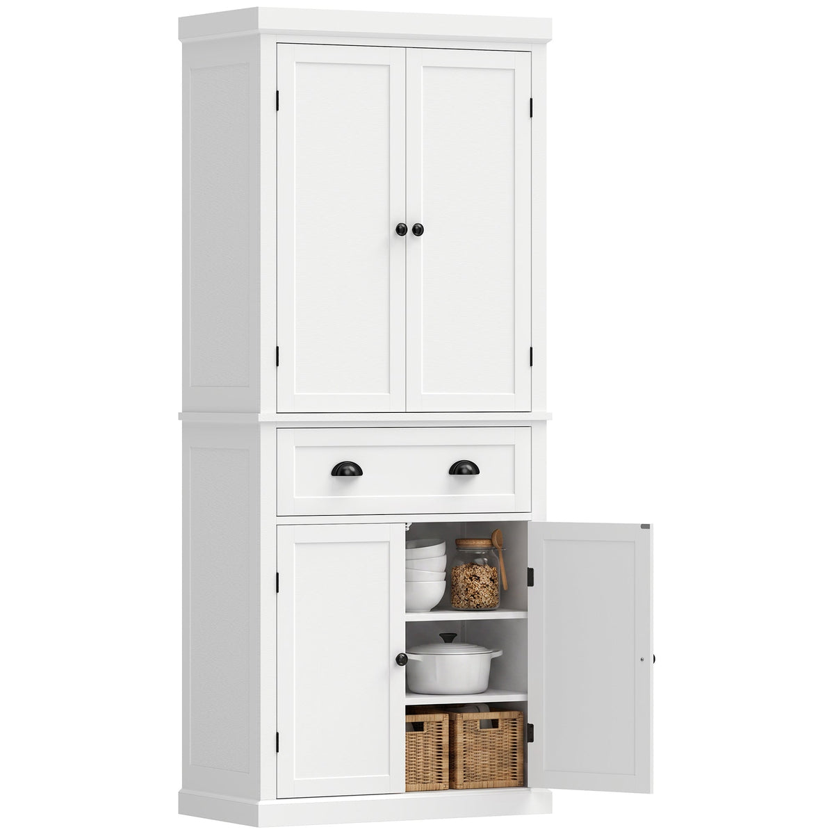 Tall Kitchen Cupboard, 183 cm Freestanding Storage Cabinet with Drawer, 4 Doors and Adjustable Shelves, Kitchen Pantry Cupboard for Living Room, Dining Room, White