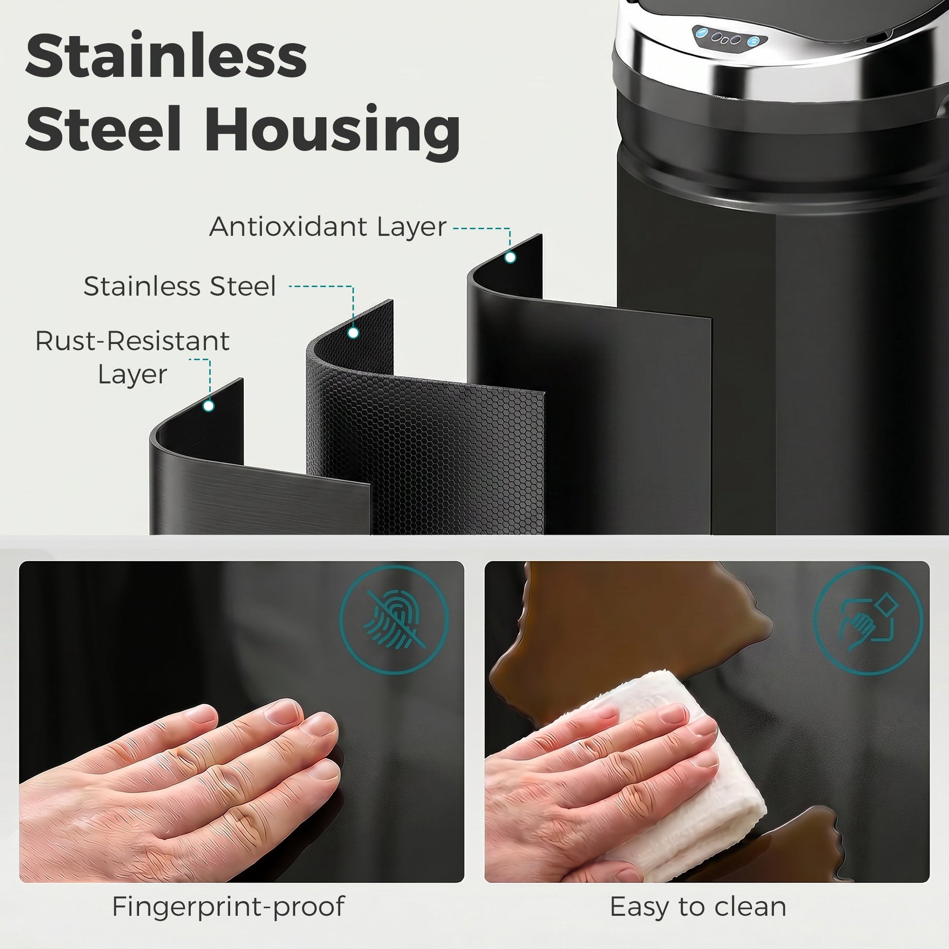42L Sensor Bin with Quiet Soft-Close Lid, Automatic Touchless Motion Sensor Rubbish Bin with Fingerprint Resistant, Stainless Steel for Hygienic Kitchen, Home Office Use, Black