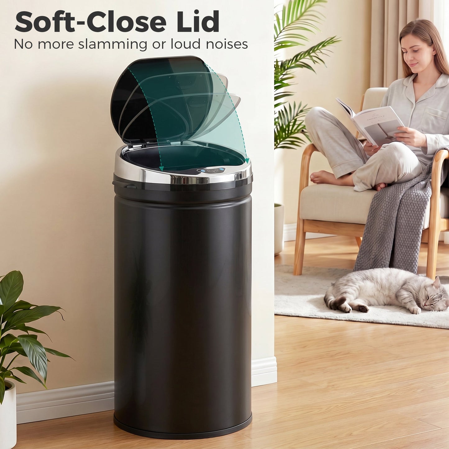 42L Sensor Bin with Quiet Soft-Close Lid, Automatic Touchless Motion Sensor Rubbish Bin with Fingerprint Resistant, Stainless Steel for Hygienic Kitchen, Home Office Use, Black