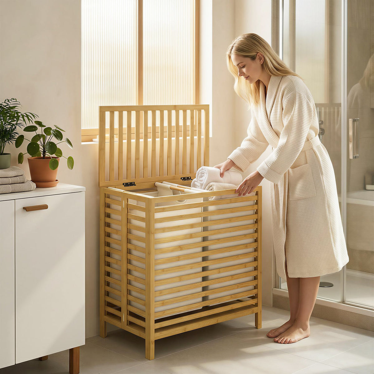 Bamboo Laundry Basket with Lid, 64L Double Laundry Basket with 2 Removable Washable Liners, Folding Laundry Bin Clothes Basket for Bathroom, Bedroom, Natural Bamboo and Cream White