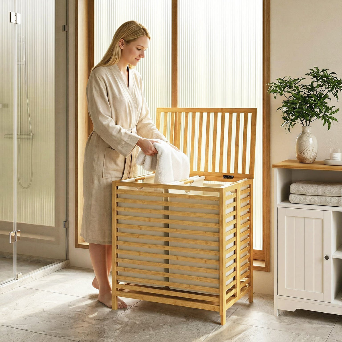 Bamboo Laundry Basket with Lid, 64L Double Laundry Basket with 2 Removable Washable Liners, Folding Laundry Bin Clothes Basket for Bathroom, Bedroom, Natural Bamboo and Cream White