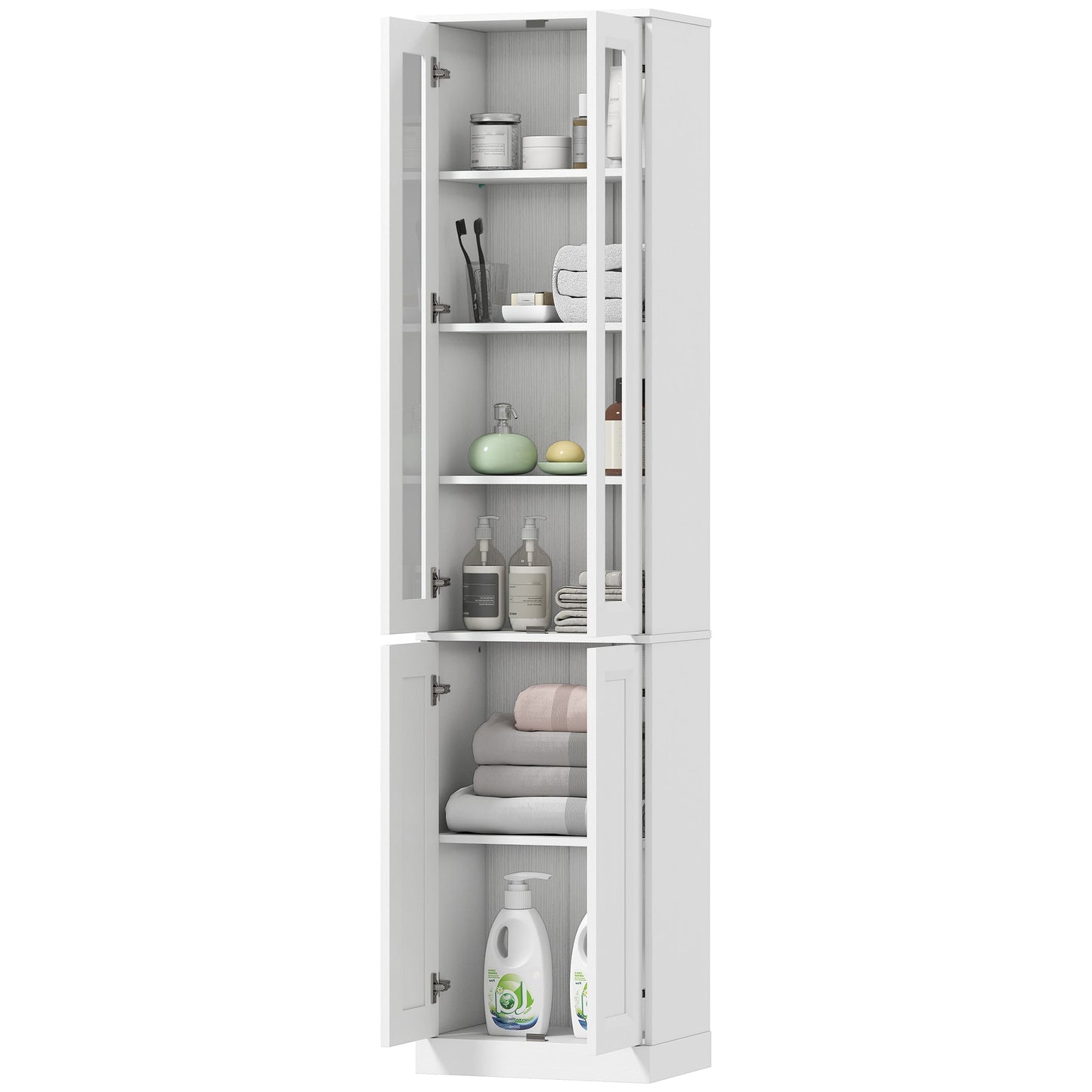 Tall Bathroom Storage Cabinet, 6-Tier Slim Freestanding Bathroom Cabinet with Adjustable Shelf, 4 Soft-Close Doors, Storage Unit for Small Space, 38 x 26 x 160 cm, White