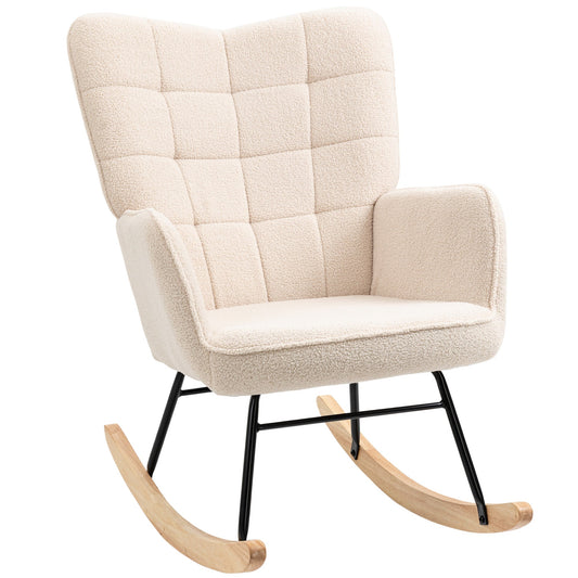 HOMCOM Wingback Rocking Chair with Wooden Base, Fleece Glider Rocker for Nursing, Modern Armchair - Beige