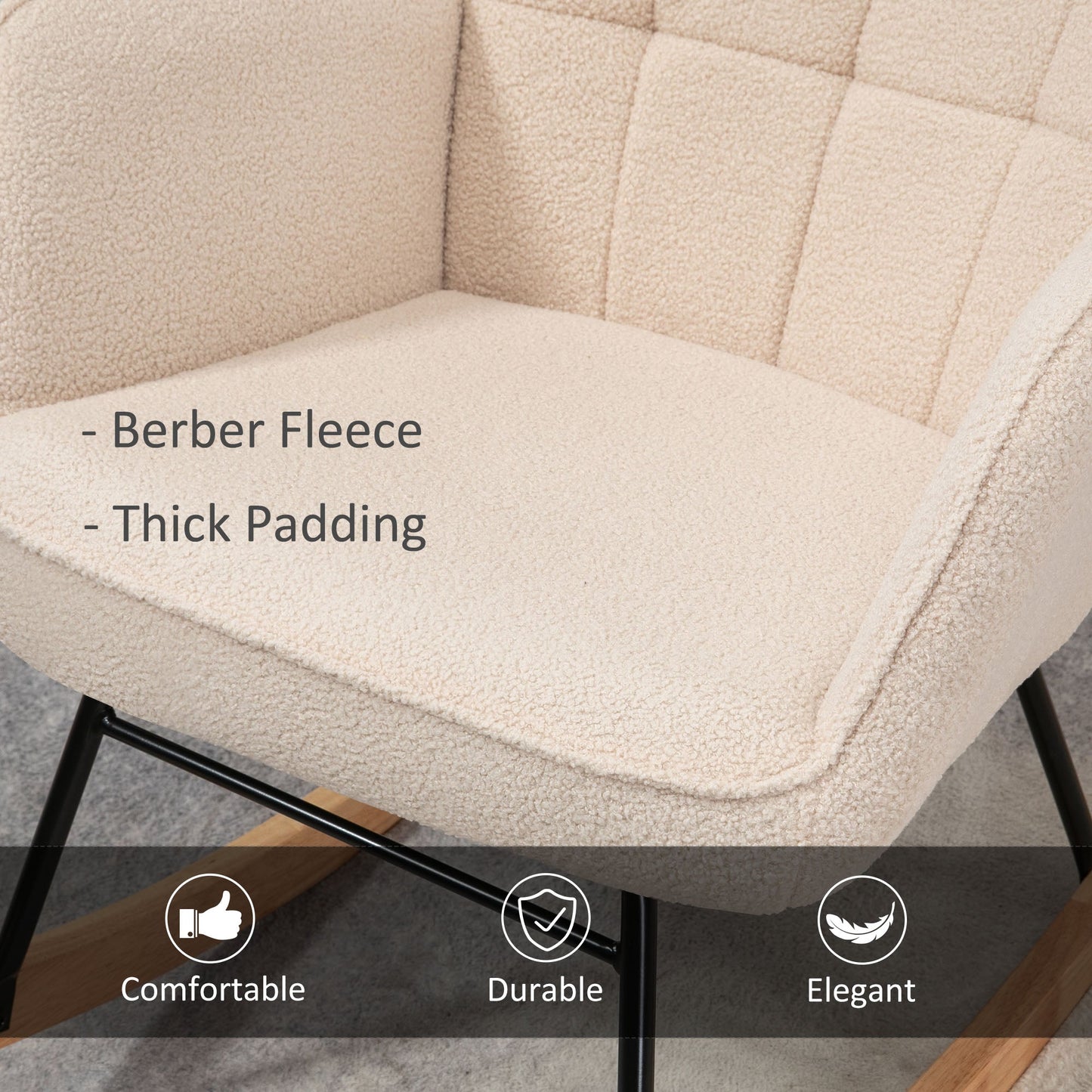 HOMCOM Wingback Rocking Chair with Wooden Base, Fleece Glider Rocker for Nursing, Modern Armchair - Beige