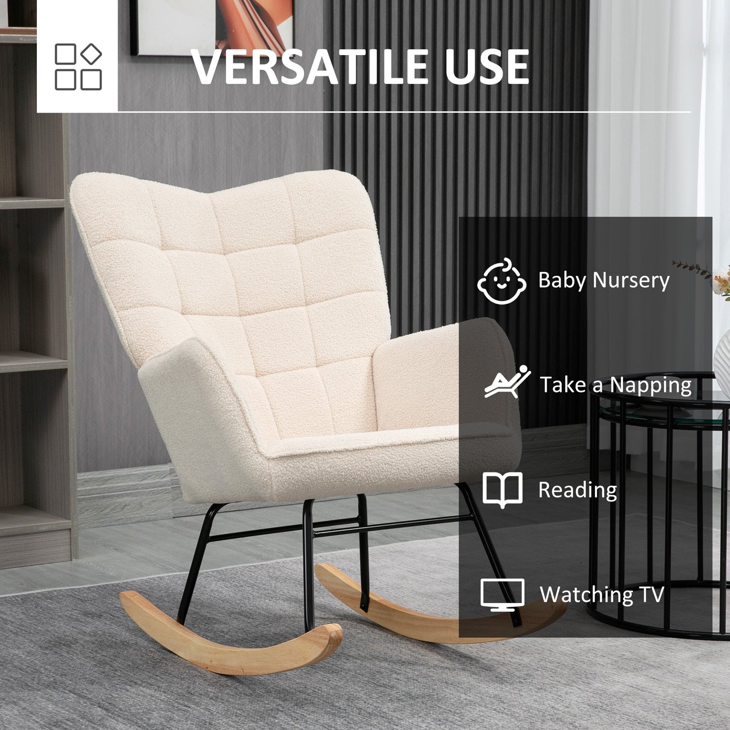 HOMCOM Wingback Rocking Chair with Wooden Base, Fleece Glider Rocker for Nursing, Modern Armchair - Beige