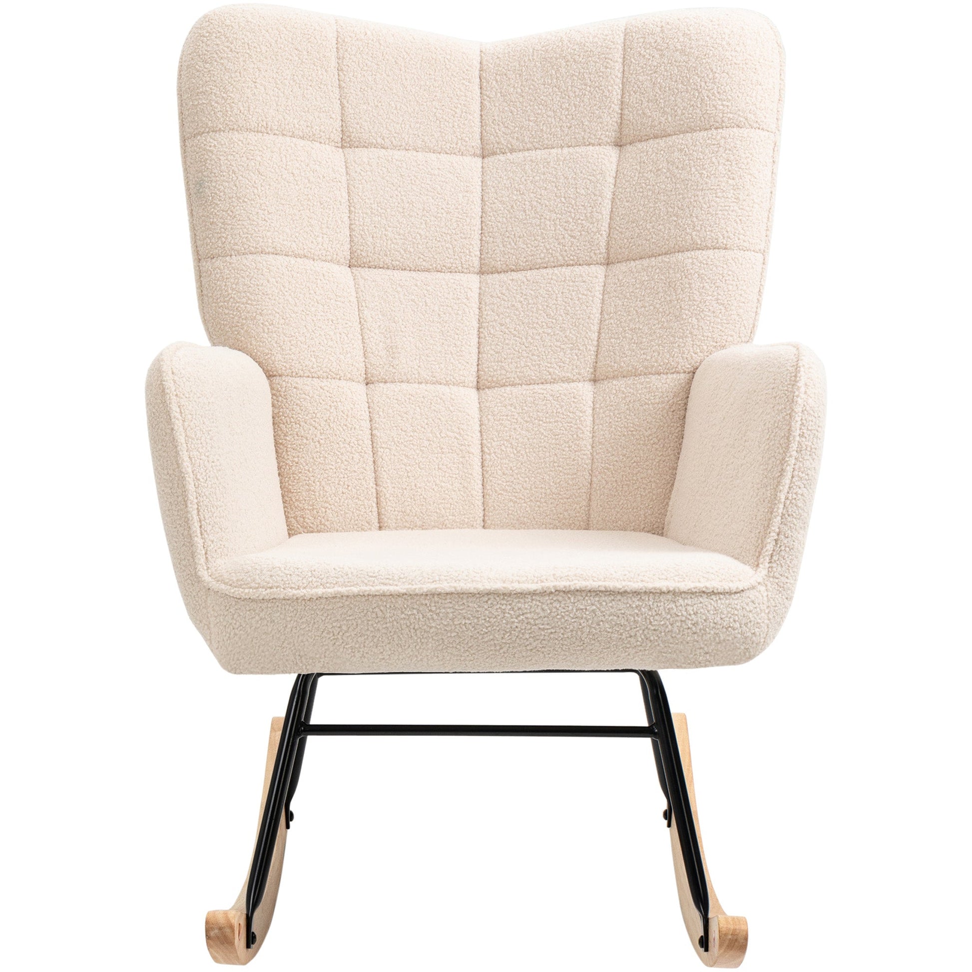 HOMCOM Wingback Rocking Chair with Wooden Base, Fleece Glider Rocker for Nursing, Modern Armchair - Beige