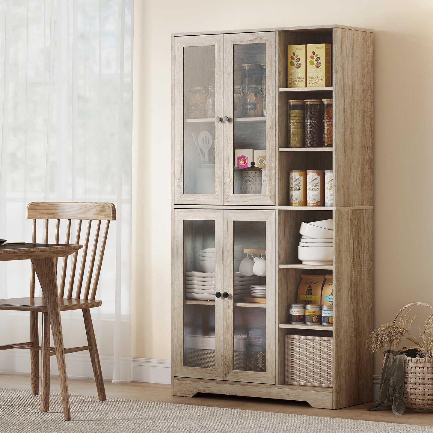 172 cm Tall Kitchen Cupboard, Pantry Storage Cabinet with Tempered Glass Doors and Soft-Close Hinges, Freestanding Kitchen Cabinet with Adjustable Shelves and 6 Open Shelves, Light Grey