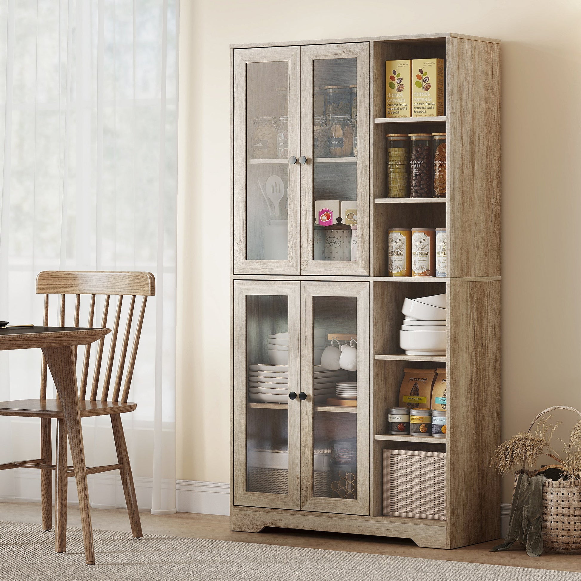 172 cm Tall Kitchen Cupboard, Pantry Storage Cabinet with Tempered Glass Doors and Soft-Close Hinges, Freestanding Kitchen Cabinet with Adjustable Shelves and 6 Open Shelves, Light Grey