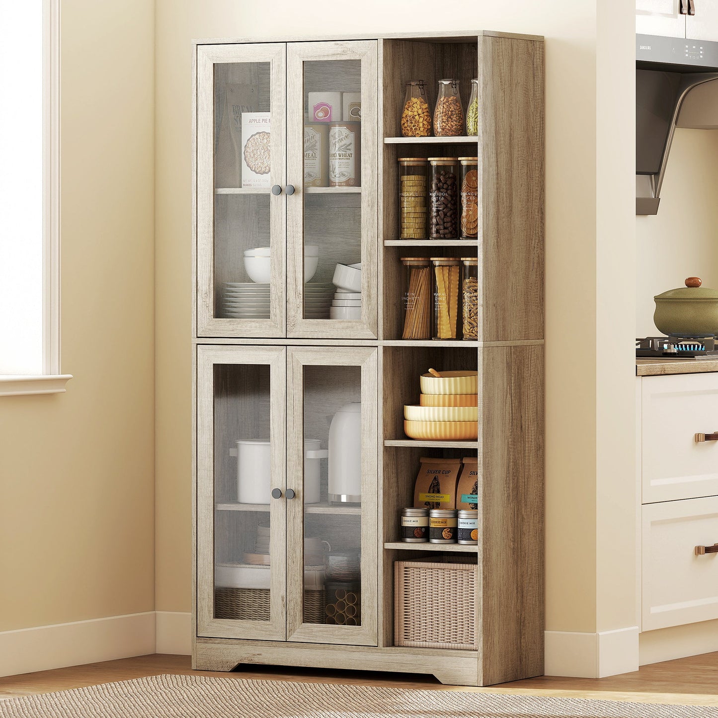 172 cm Tall Kitchen Cupboard, Pantry Storage Cabinet with Tempered Glass Doors and Soft-Close Hinges, Freestanding Kitchen Cabinet with Adjustable Shelves and 6 Open Shelves, Light Grey