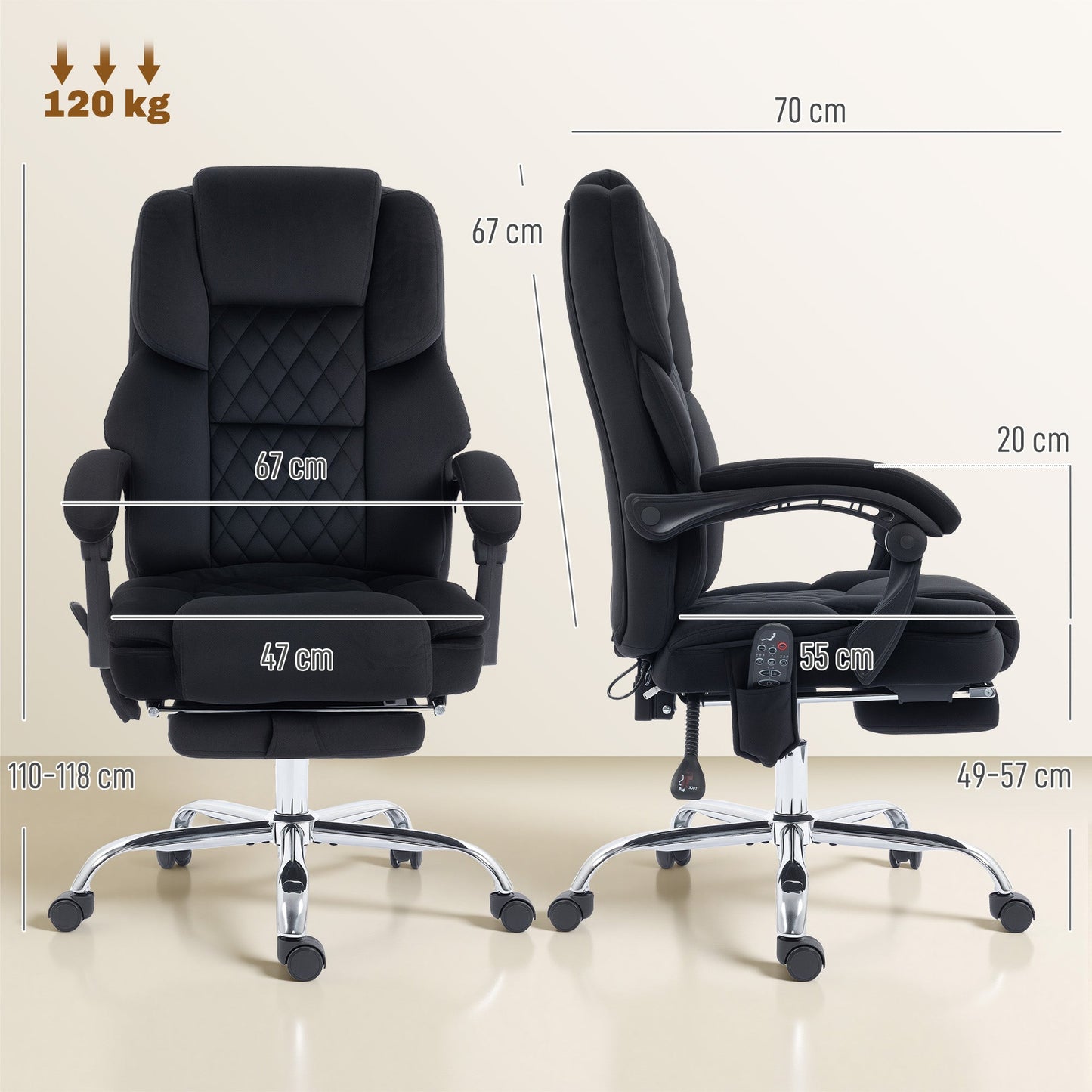 Office Chair with 6-point Vibration Massage and Heat, Velvet-feel Fabric Desk Chair with Footrest, Linkage Armrests, High Back, Adjustable Height, 135° Reclining for Home Office, Black