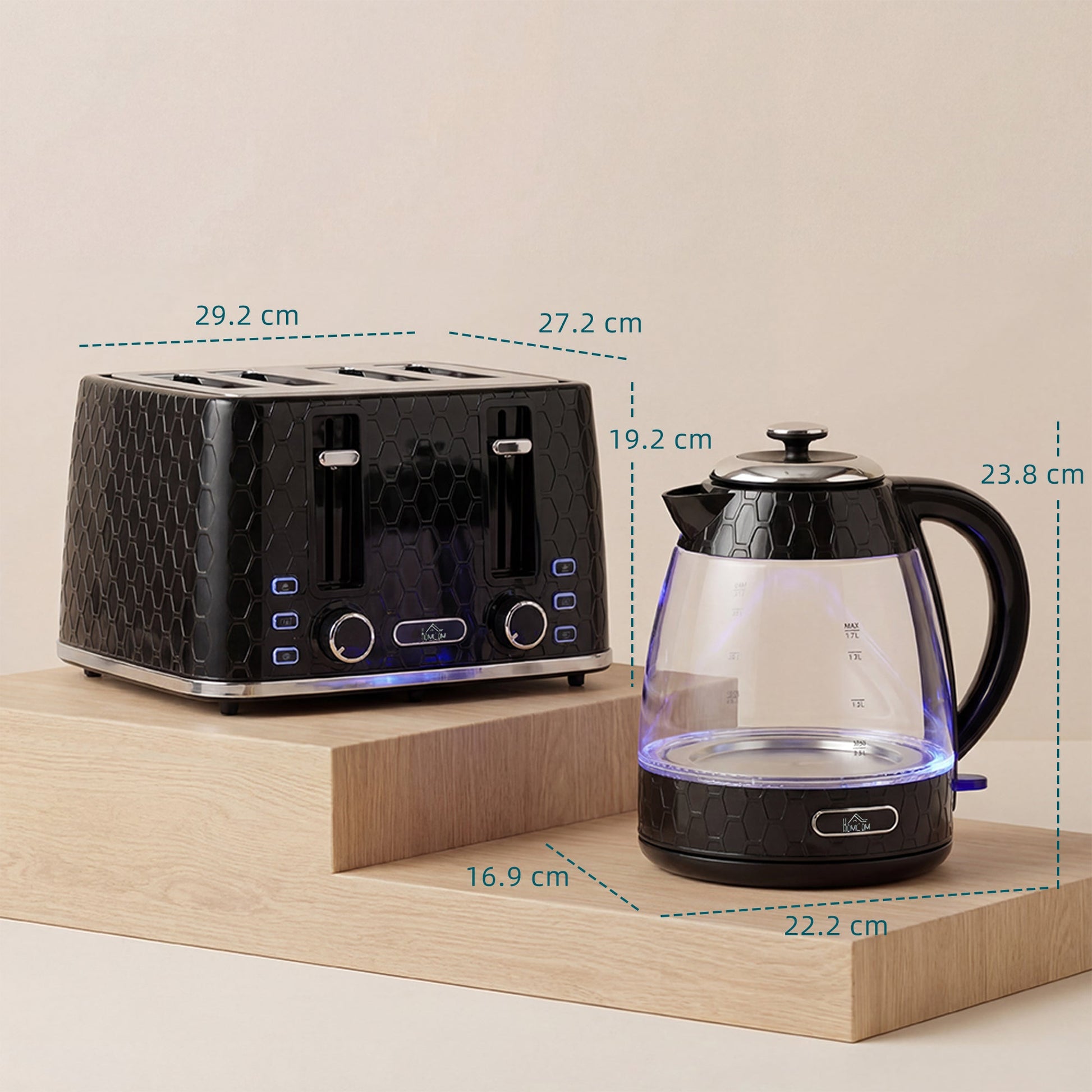 Kettle and Toaster Set, 1.7L 3000W Rapid Boil Jug Kettle with Strix Thermostat, Limescale Filter, 4 Slice Toaster with 7 Browning Controls, Crumb Tray, Black