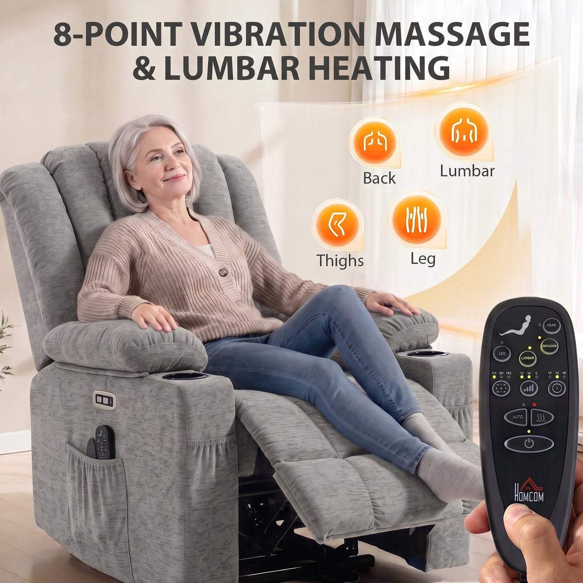 Oversized Riser Recliner Chair with Vibration Massage and Heat, Electric Power Lift Recliner for Elderly w/ Wide Seat and Back, Spring Cushion, USB Port, Side Pockets, Chenille Armchair, Grey