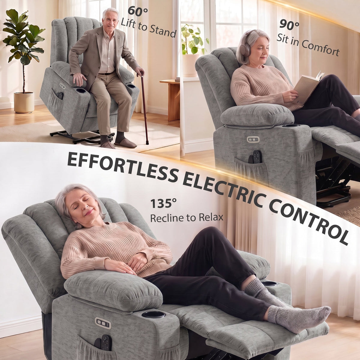 Oversized Riser Recliner Chair with Vibration Massage and Heat, Electric Power Lift Recliner for Elderly w/ Wide Seat and Back, Spring Cushion, USB Port, Side Pockets, Chenille Armchair, Grey
