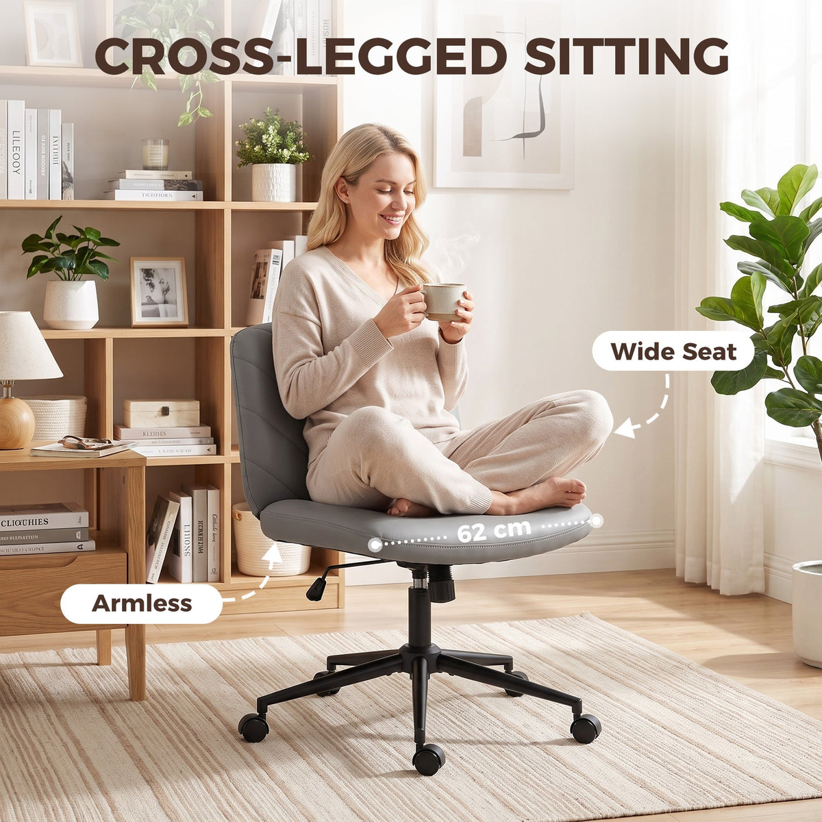 Criss Cross Legged Office Chair with Wide Seat, Swivel Desk Chair with Wheels, Rocking Function, Backrest, Adjustable Height, High-Density Foam, Computer Seat for Home Office, Bedroom, Grey