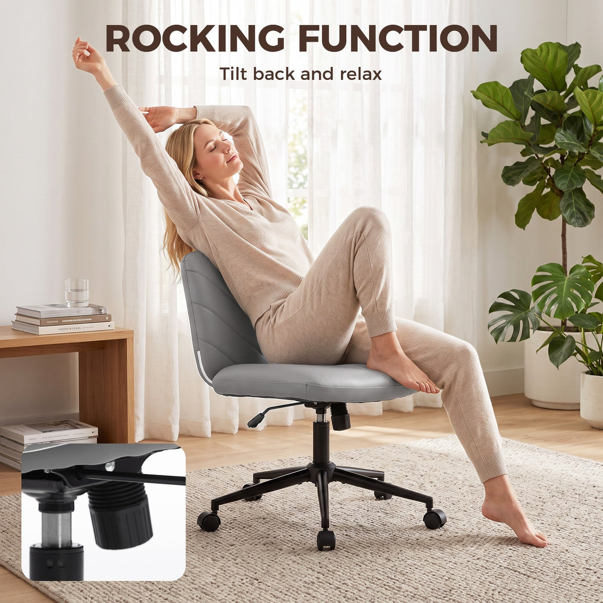 Criss Cross Legged Office Chair with Wide Seat, Swivel Desk Chair with Wheels, Rocking Function, Backrest, Adjustable Height, High-Density Foam, Computer Seat for Home Office, Bedroom, Grey