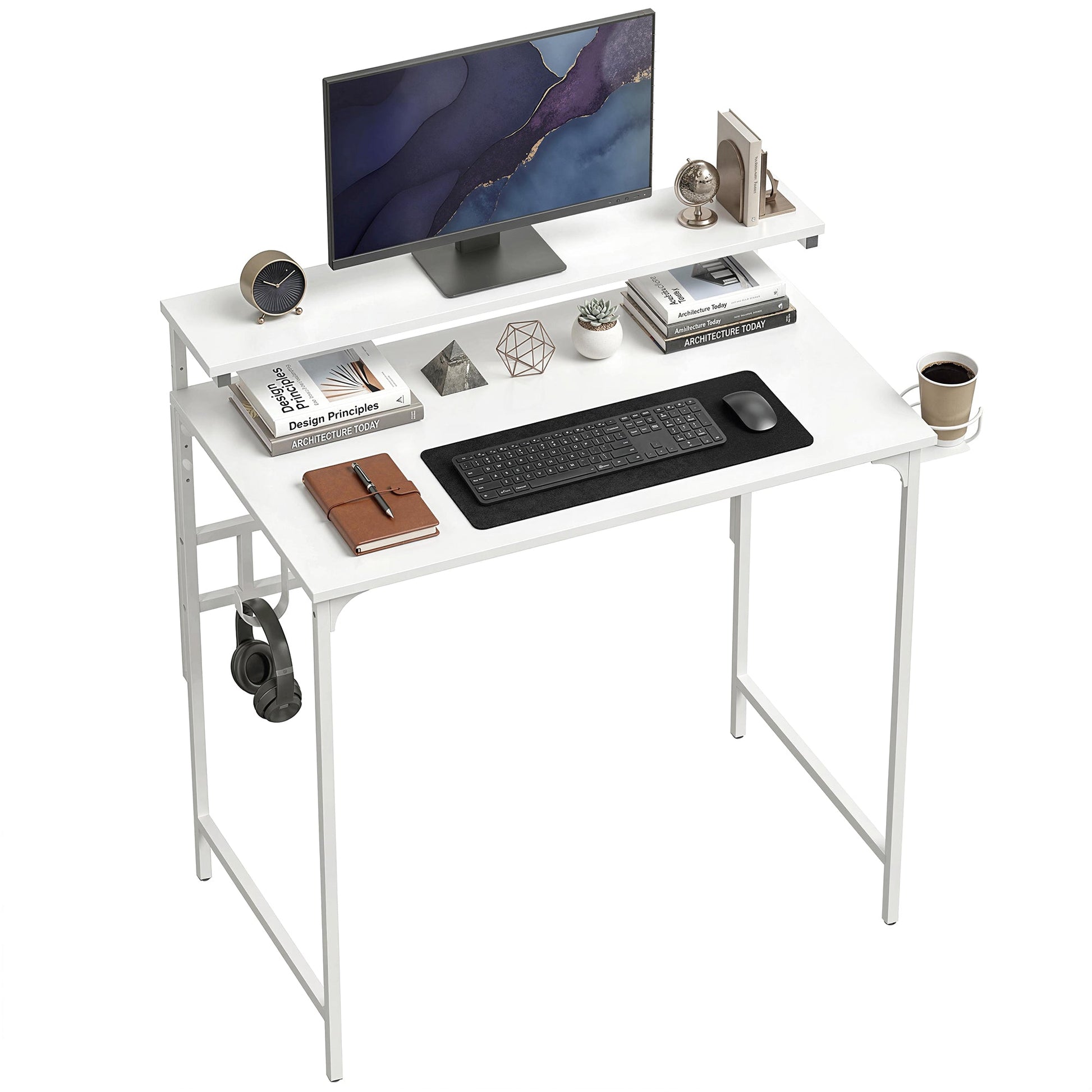 Computer Desk, 80cm Home Office Study Table with Hutch Shelf, Cup Holder, Headphone Hook, Metal Frame, Space Saving Writing Desk, White