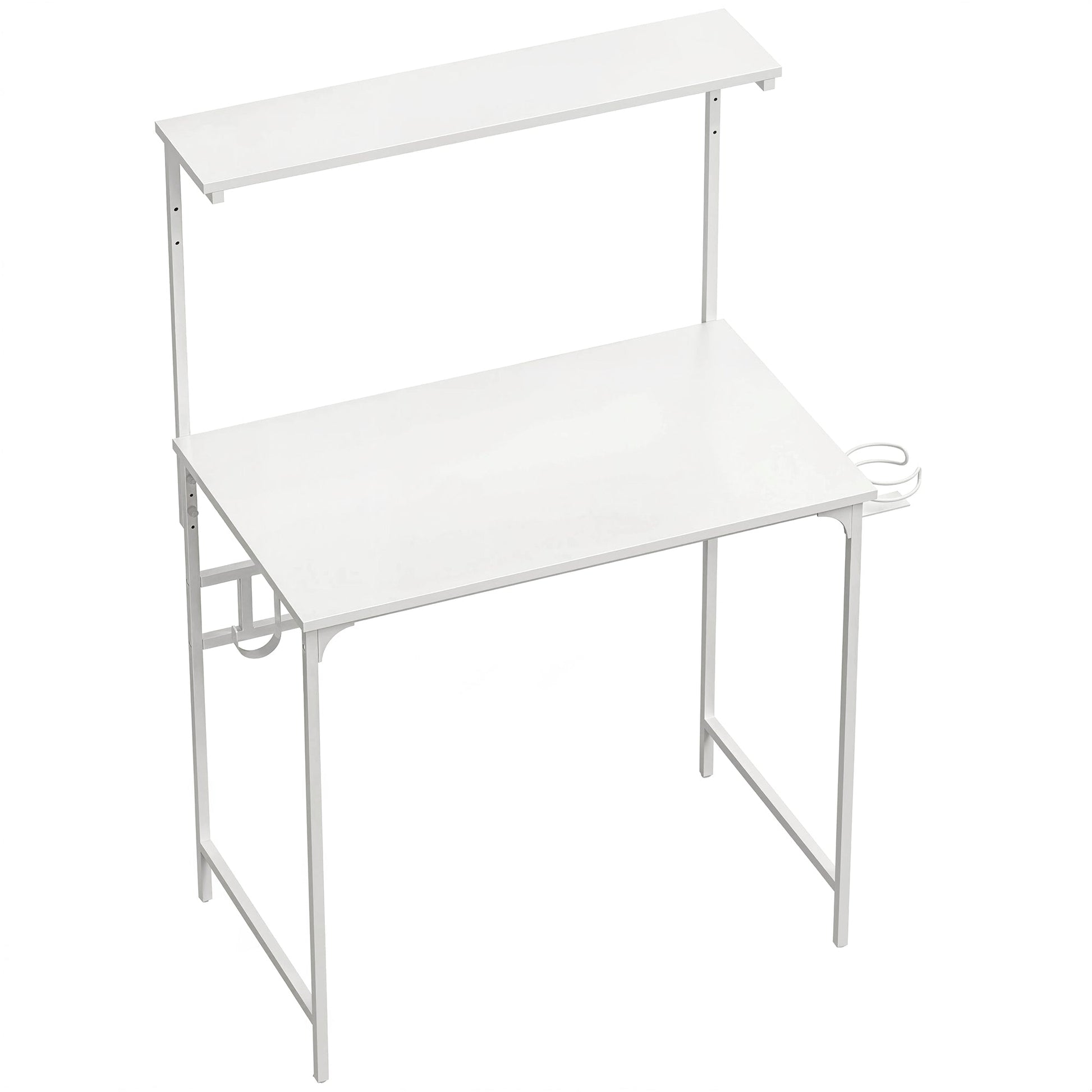 Computer Desk, 80cm Home Office Study Table with Hutch Shelf, Cup Holder, Headphone Hook, Metal Frame, Space Saving Writing Desk, White