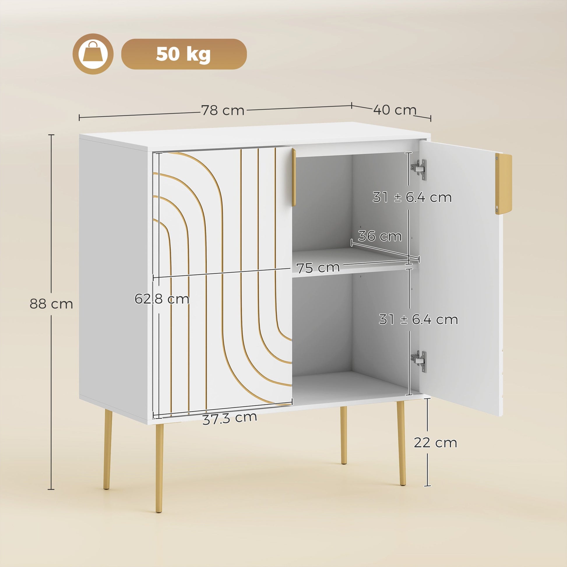Storage Cabinet, Modern Kitchen Cupboard with 2 Doors, Adjustable Shelf and Metal Legs, Freestanding Sideboard for Living Room, Dining Room, Hallway, White