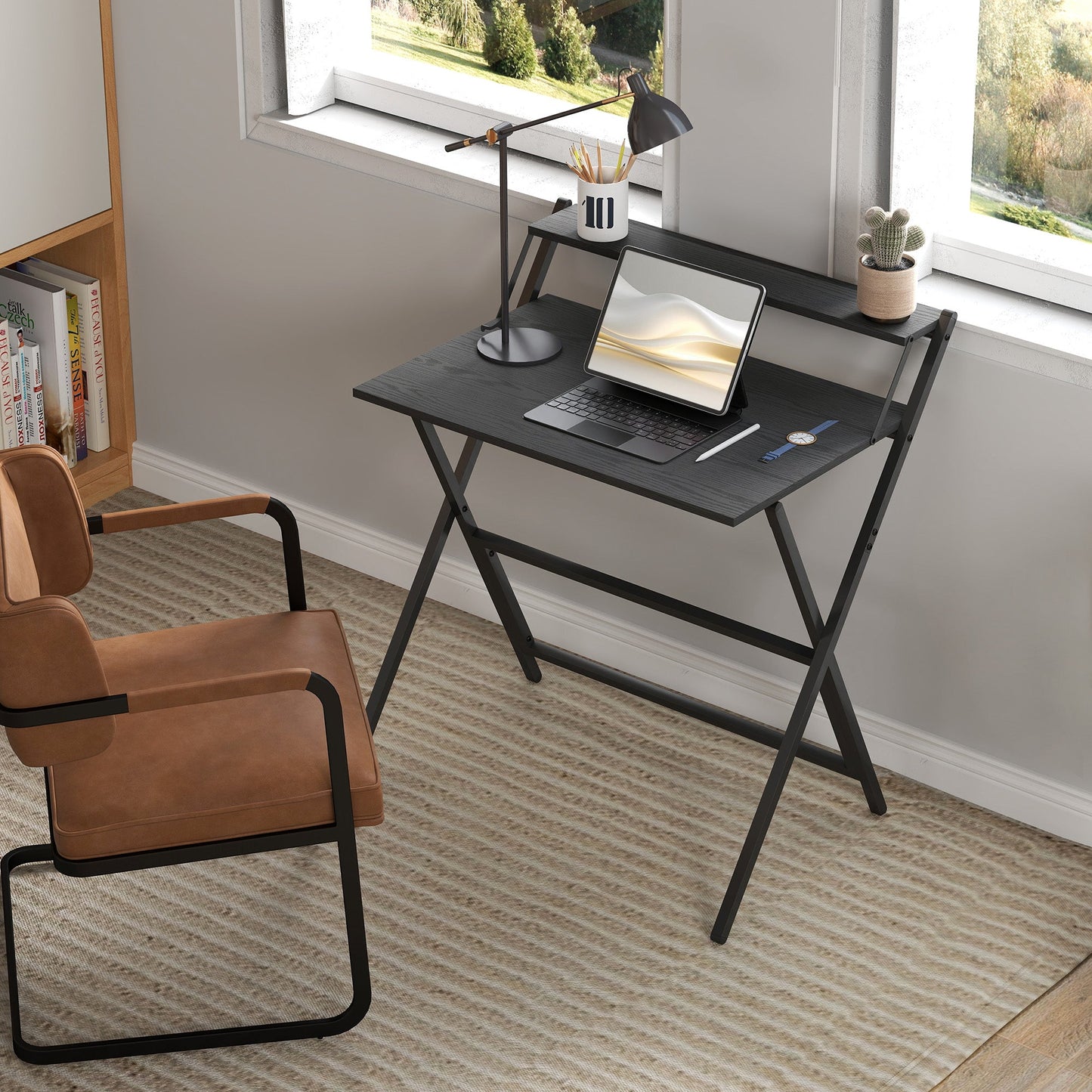 Folding Desk with Monitor Shelf, 81.5 cm Foldable Computer Desk for Small Spaces, Space Saving Writing Table Workstation for Home Office, Study, Easy Assembly, Black