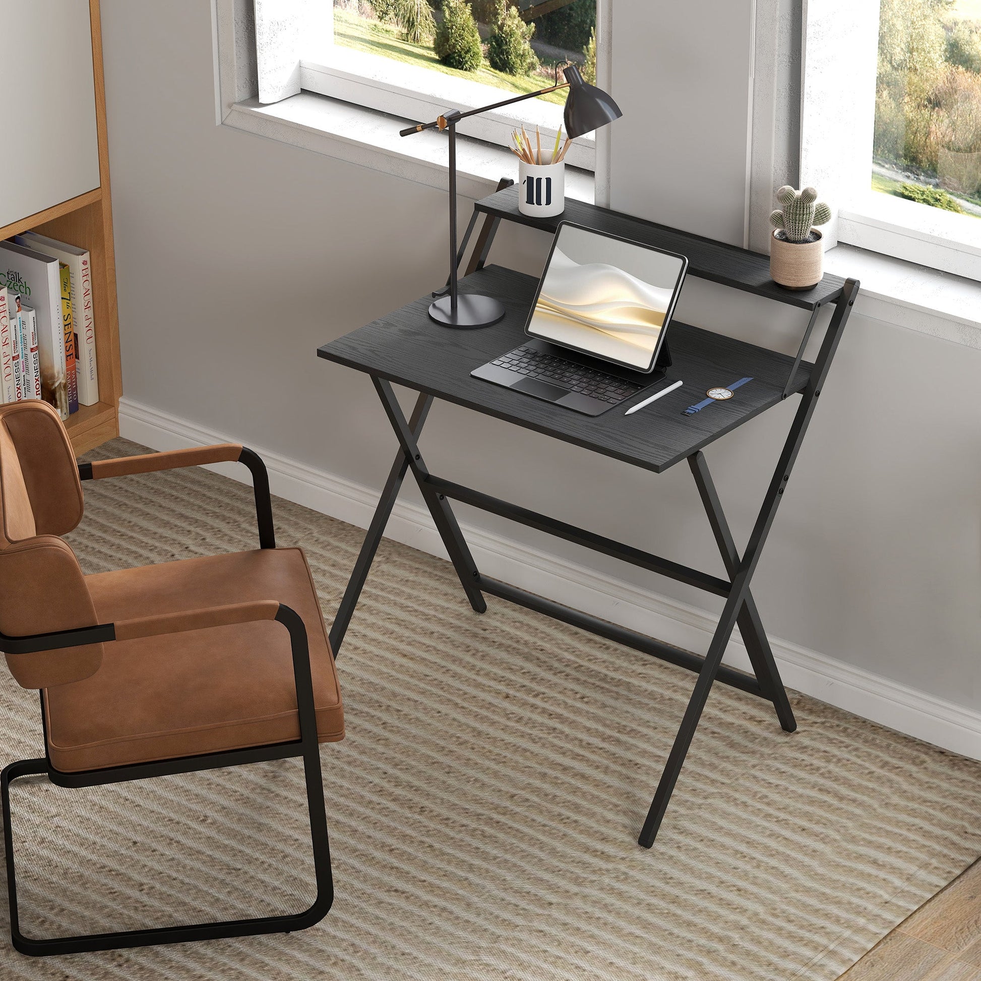 Folding Desk with Monitor Shelf, 81.5 cm Foldable Computer Desk for Small Spaces, Space Saving Writing Table Workstation for Home Office, Study, Easy Assembly, Black